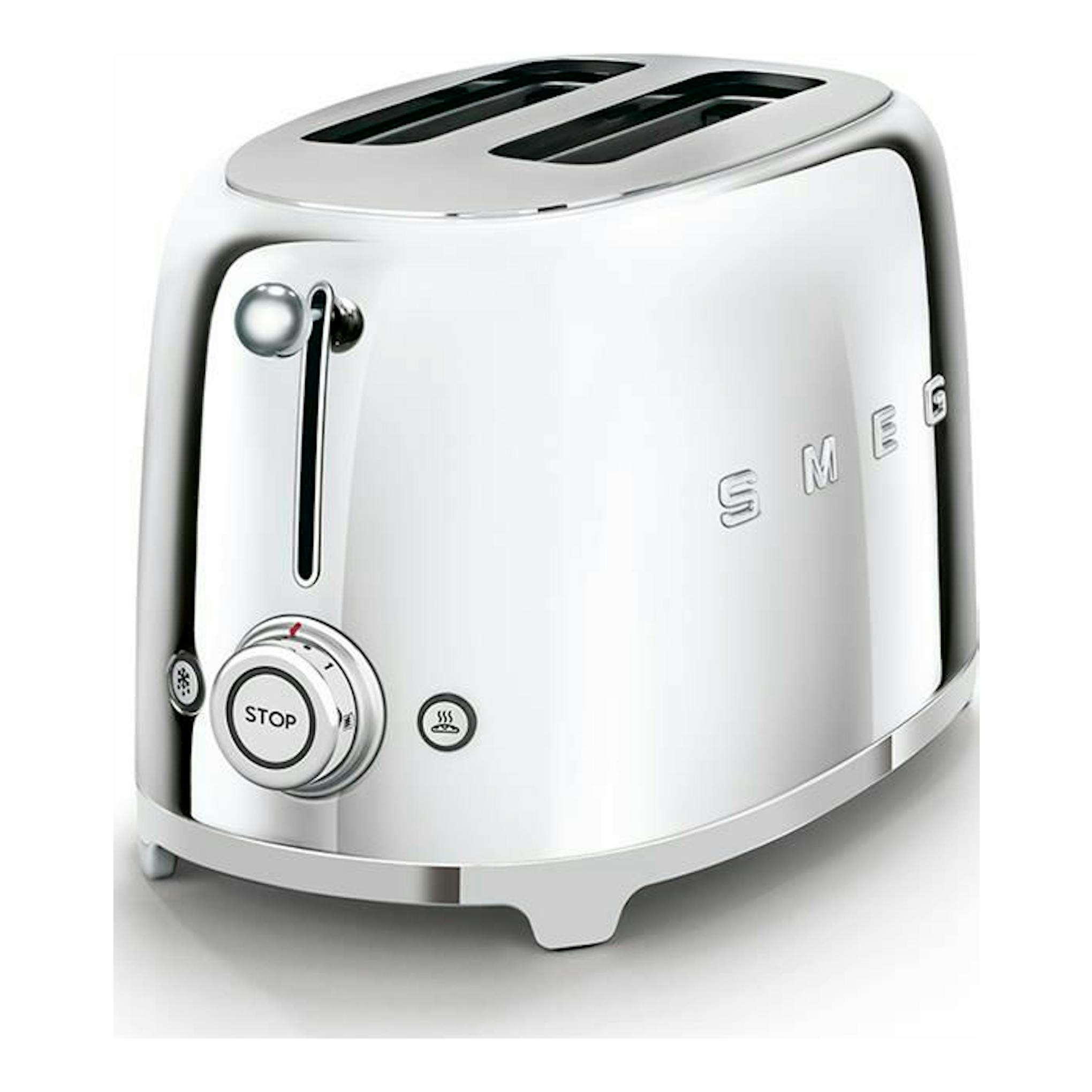 Tostador Smeg TSF01SSEU cromado, vista frontal en ángulo, con dos ranuras superiores y mando frontal.