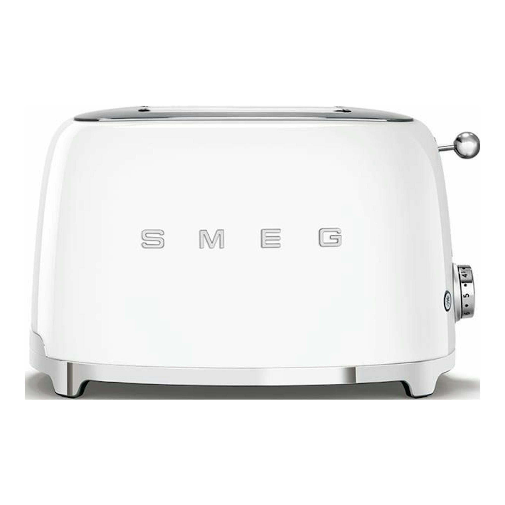 Tostador Smeg TSF01WHEU blanco, vista frontal, con selector lateral y palanca superior.
