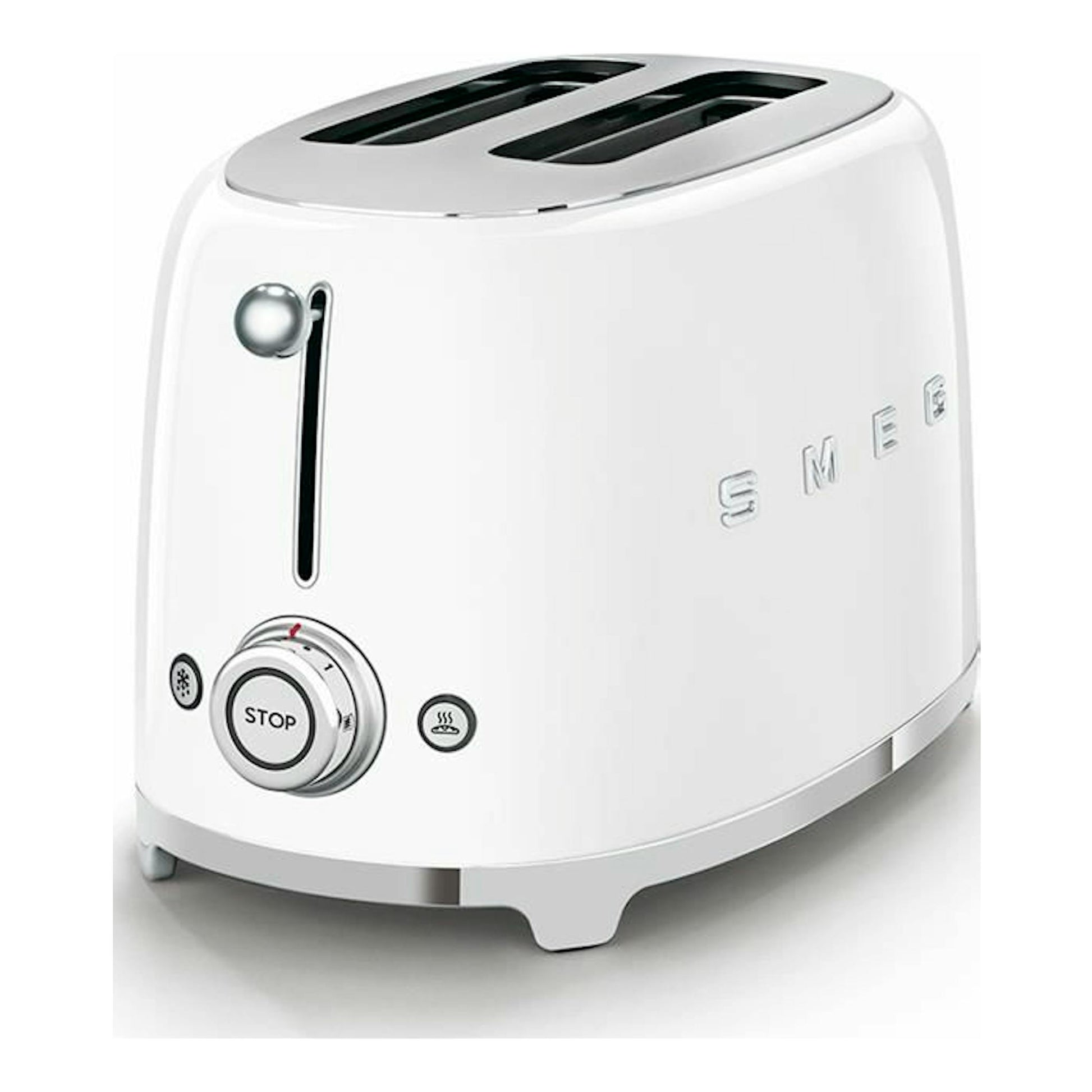 Tostador Smeg TSF01WHEU blanco, vista de tres cuartos, con dos ranuras y controles laterales.