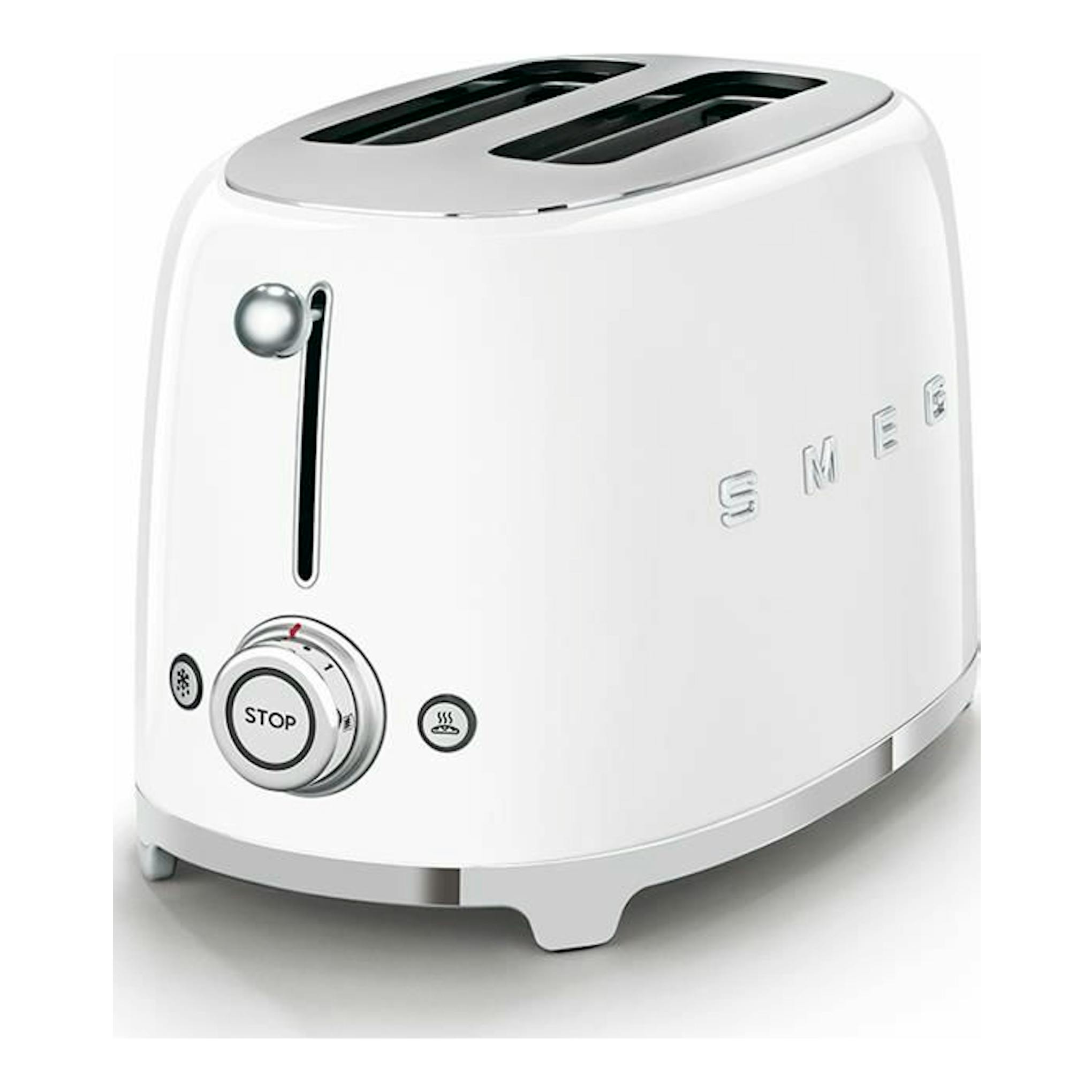 Tostador Smeg TSF01WHEU blanco, vista de tres cuartos, con dos ranuras y controles laterales.