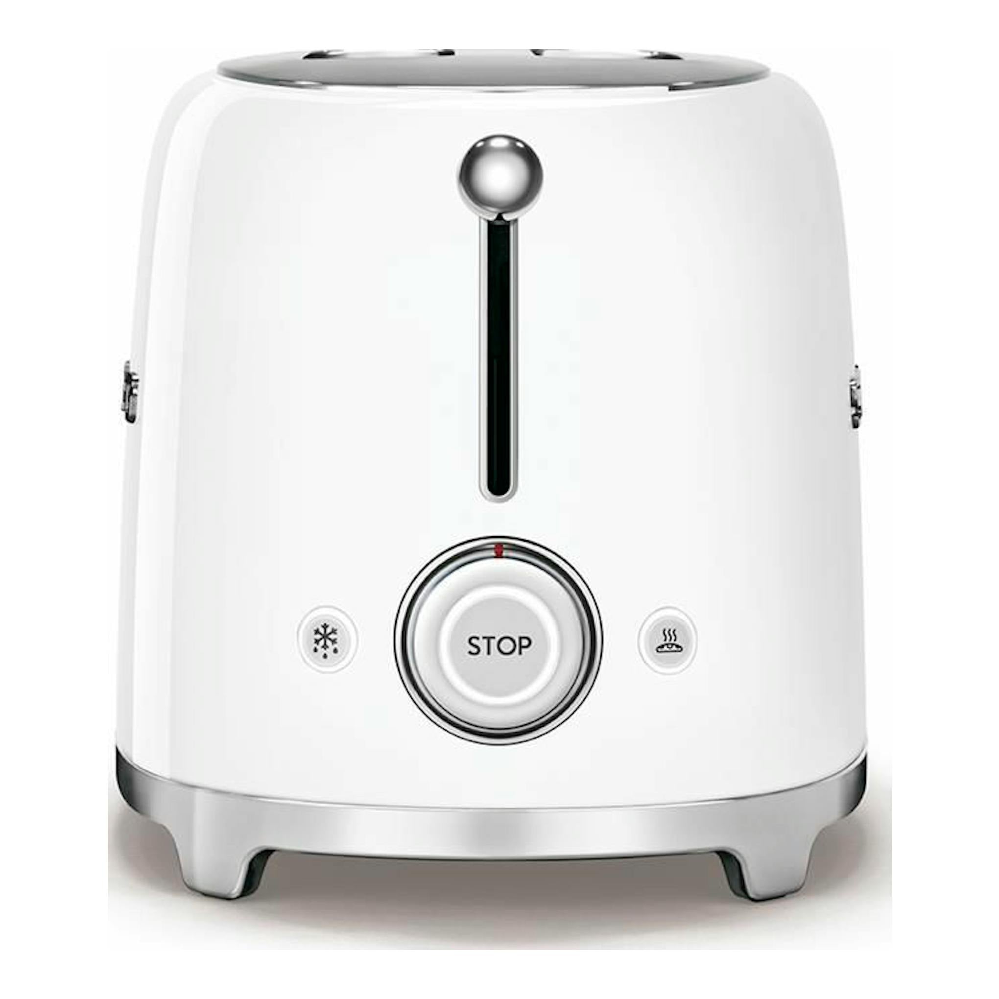 Tostador Smeg TSF01WHEU blanco, vista frontal, con palanca central y botón STOP.