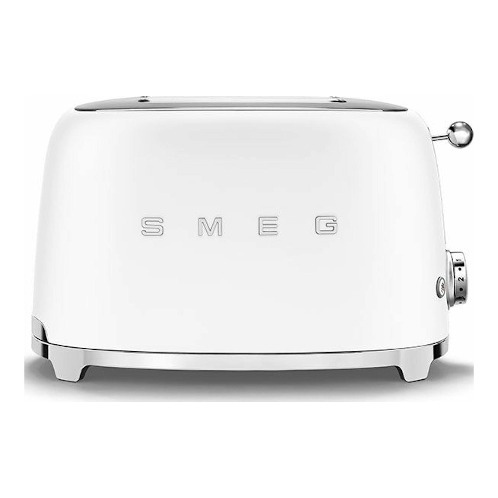 Tostador Smeg TSF01WHMEU blanco mate, vista frontal con detalles cromados.