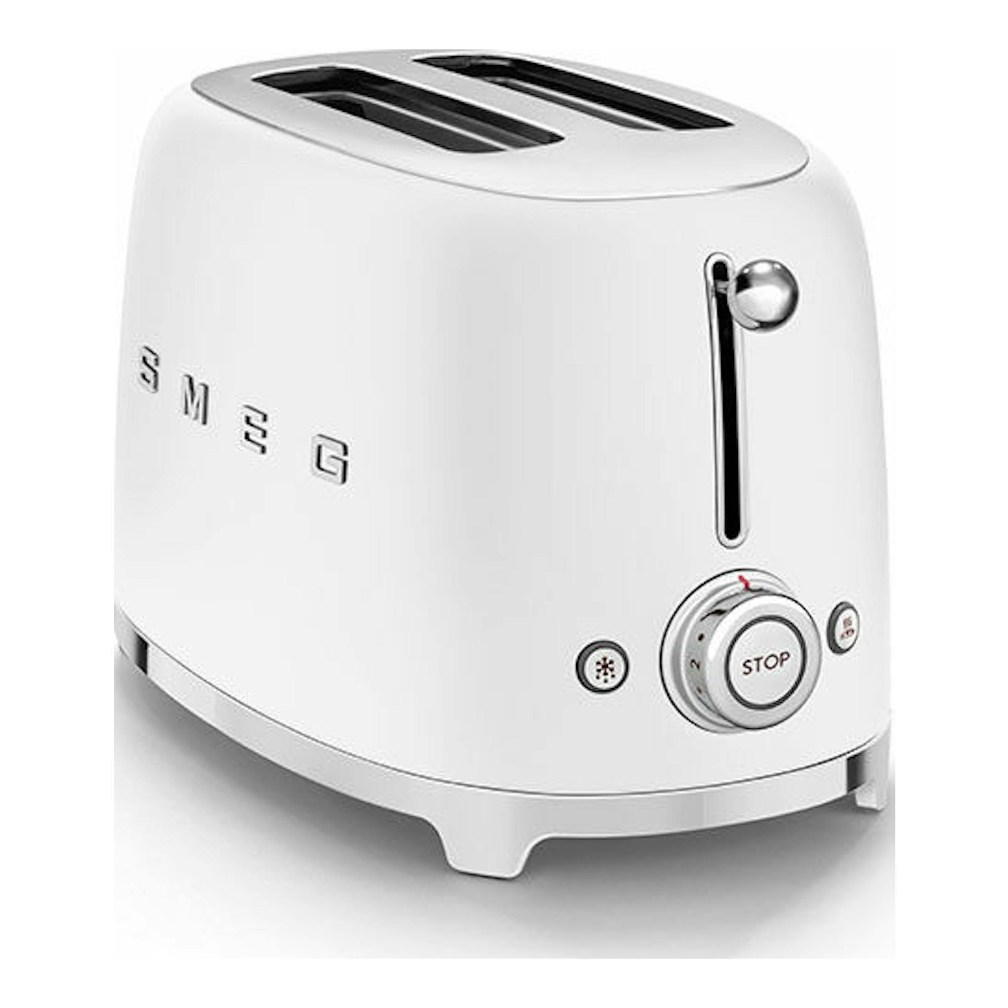 Tostador Smeg TSF01WHMEU blanco mate, vista en tres cuartos, con dos ranuras y mandos frontales.