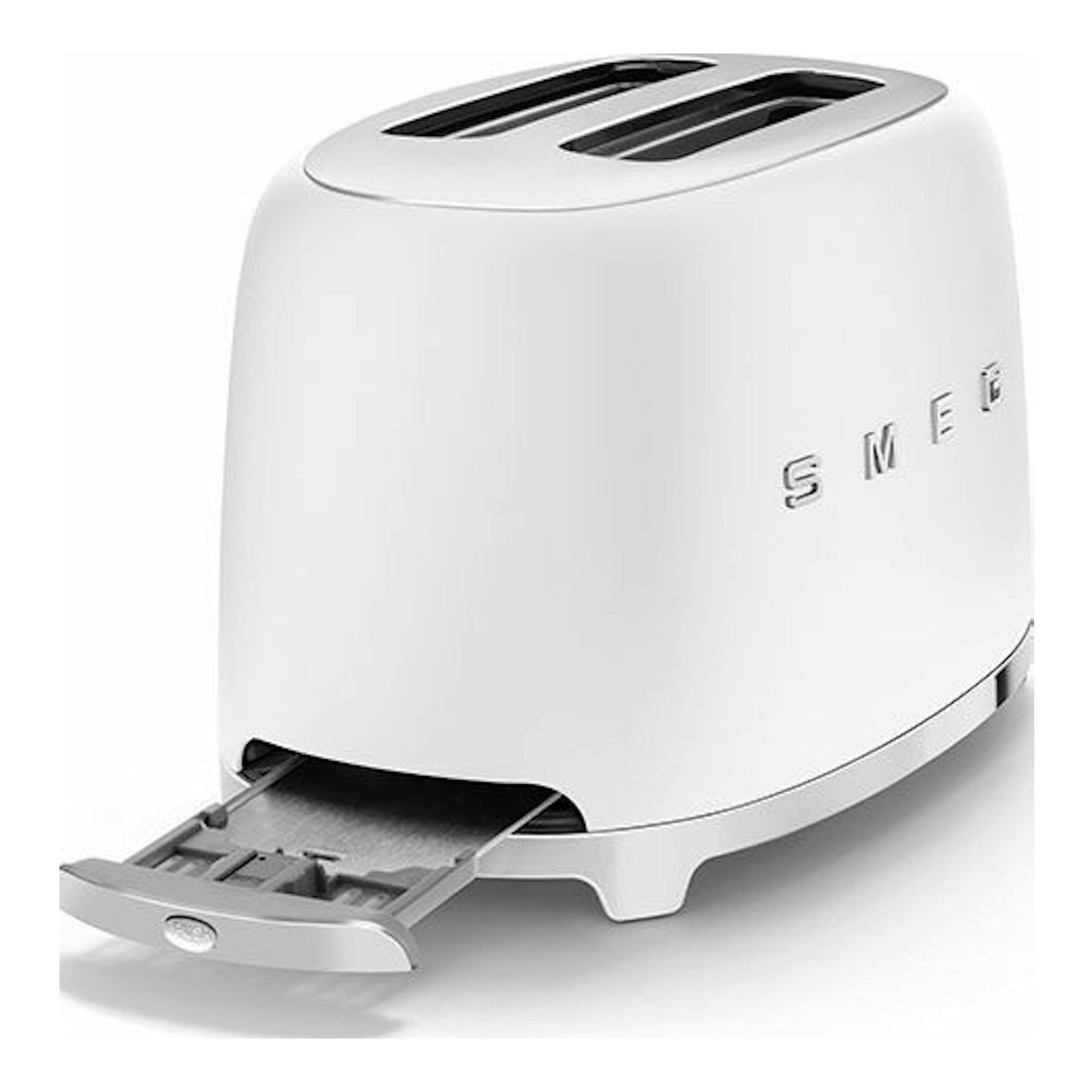 Tostador Smeg TSF01WHMEU blanco mate, vista frontal lateral, con dos ranuras y bandeja recoge migas extraída.