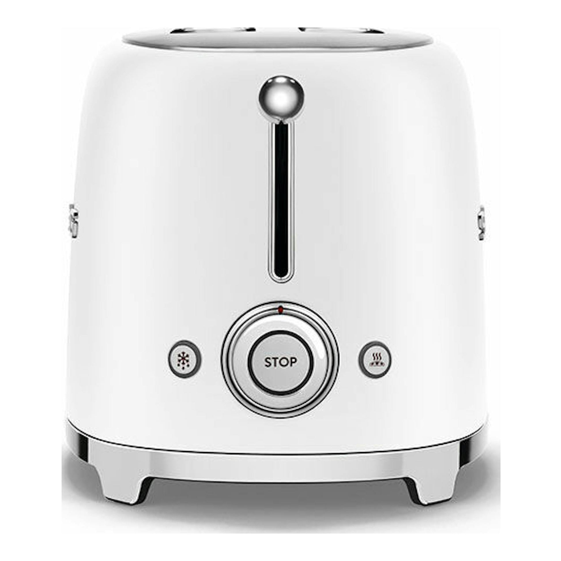 Tostador Smeg TSF01WHMEU blanco mate, vista frontal, con controles plateados.