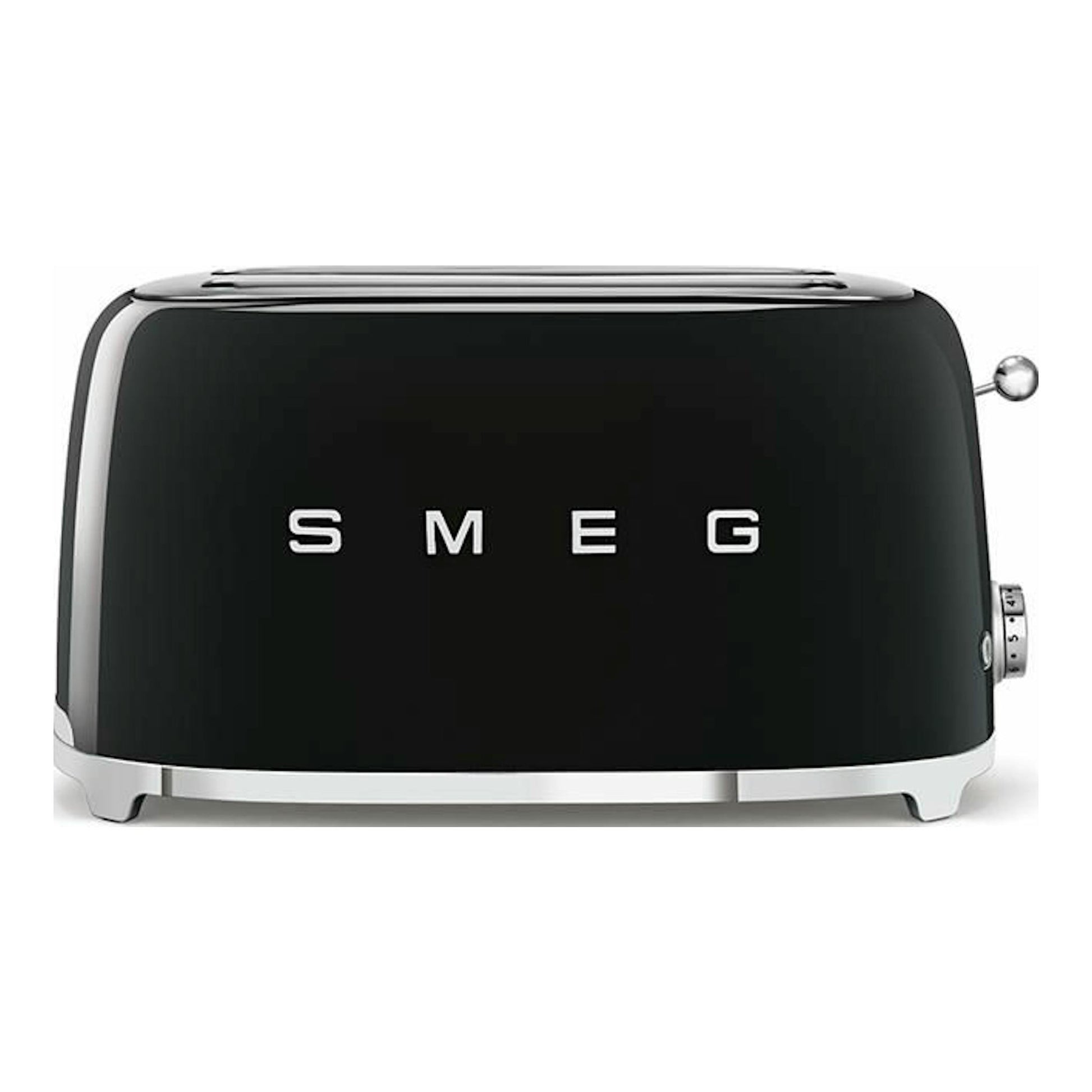 Tostador Smeg TSF02BLEU negro, vista frontal, con dos ranuras y acabado brillante.