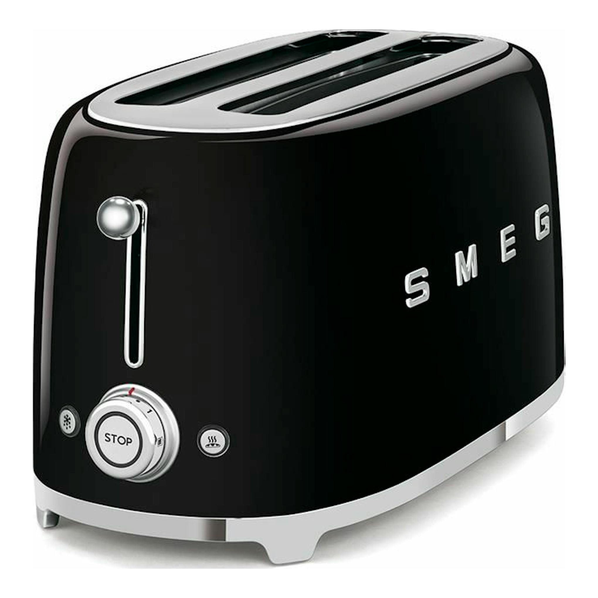 Tostador Smeg TSF02BLEU negro, vista frontal en ángulo, con dos ranuras y acabado cromado.