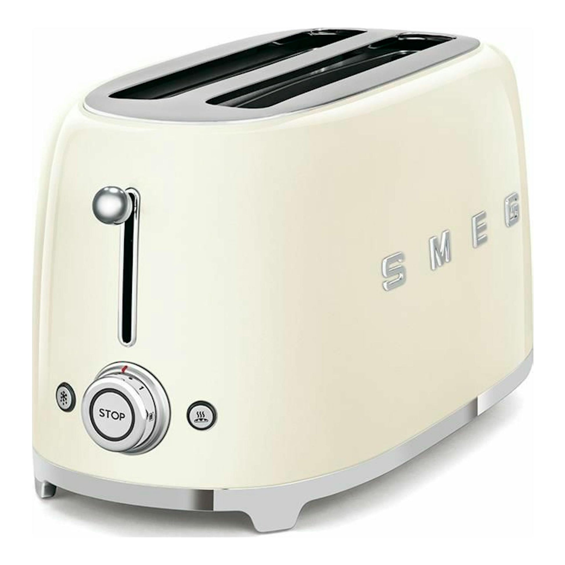 Tostador Smeg TSF02CREU crema, vista frontal en ángulo, con dos ranuras superiores y mandos cromados.