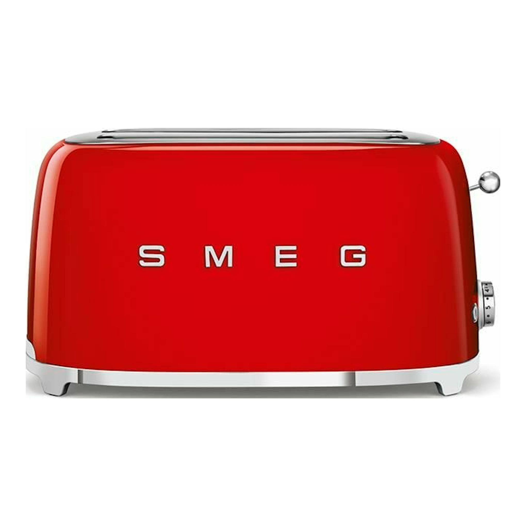 Tostador Smeg TSF02RDEU rojo, vista frontal, con dos ranuras y detalles plateados.