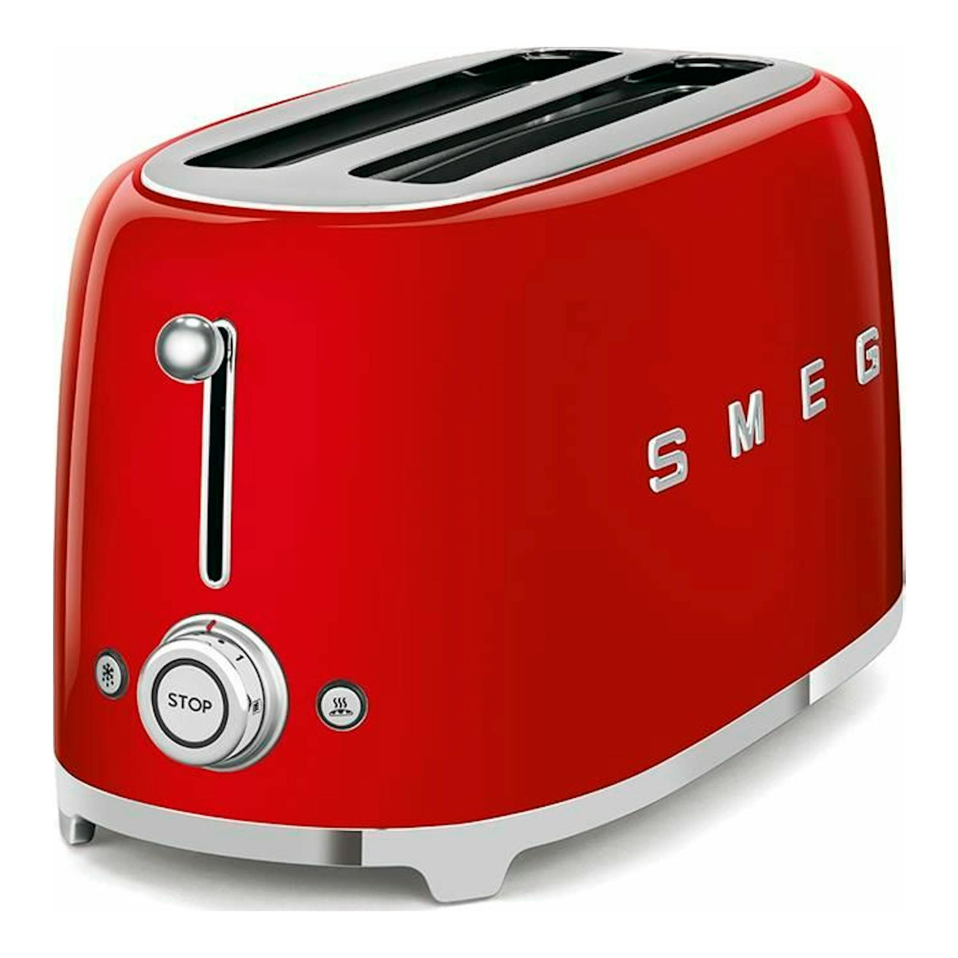 Tostador Smeg TSF02RDEU rojo, vista frontal lateral derecha, con dos ranuras y controles frontales.