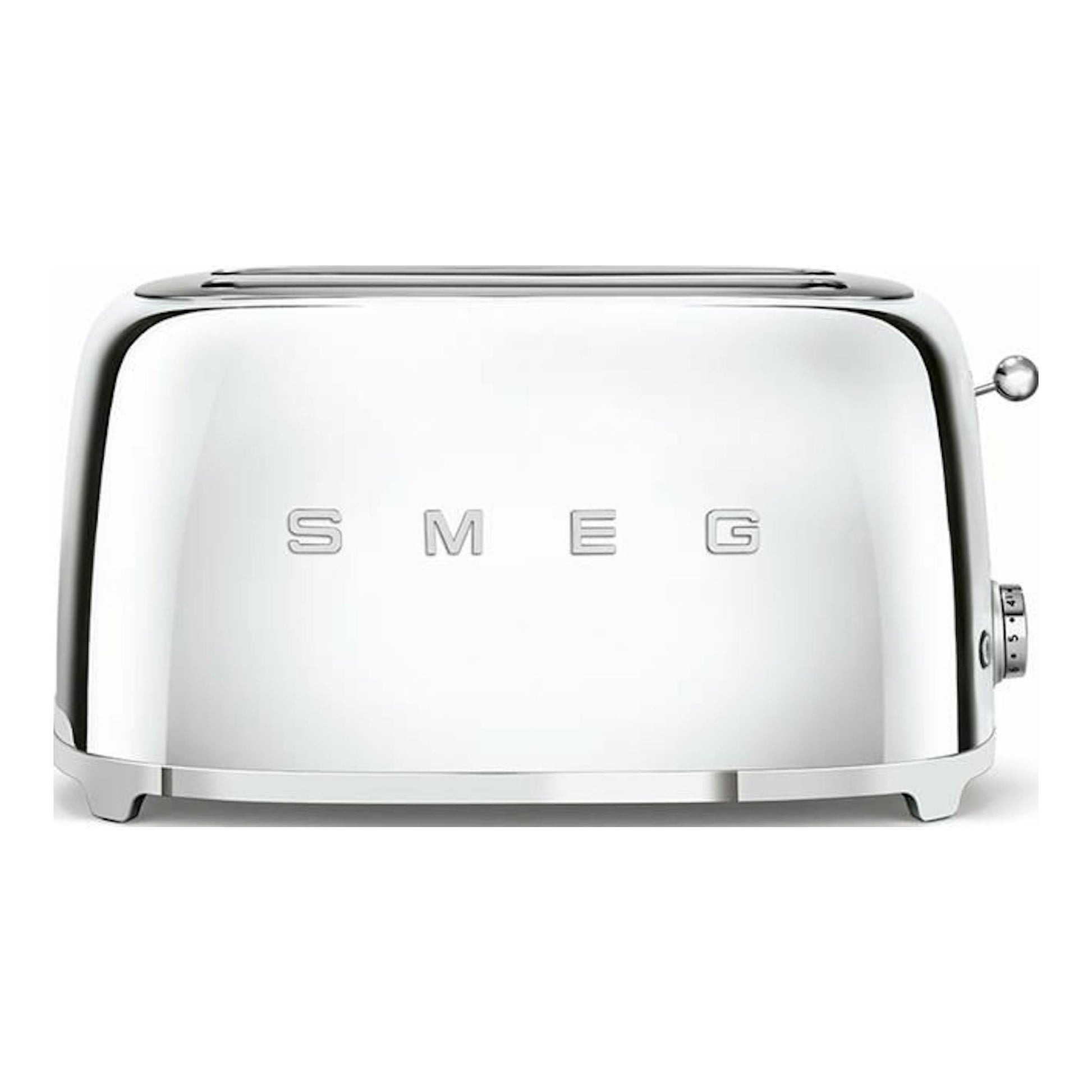 Tostador Smeg TSF02SSEU cromado, vista frontal, con dos ranuras y acabado brillante.