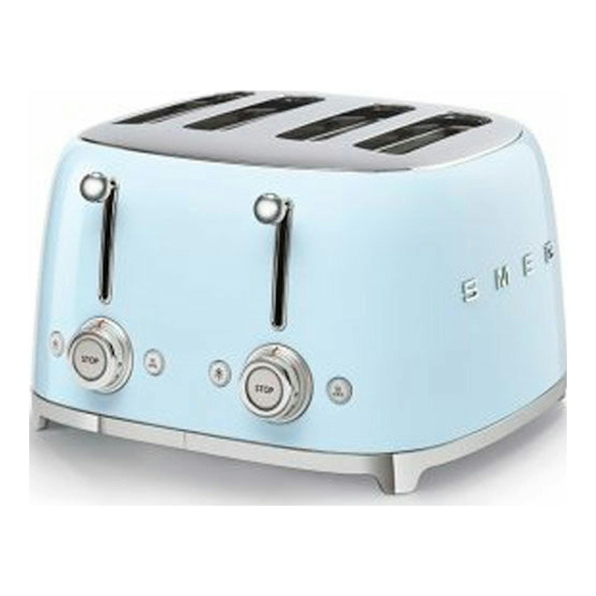Tostador Smeg TSF03PBEU azul pastel, vista frontal en ángulo, con cuatro ranuras y dos mandos.