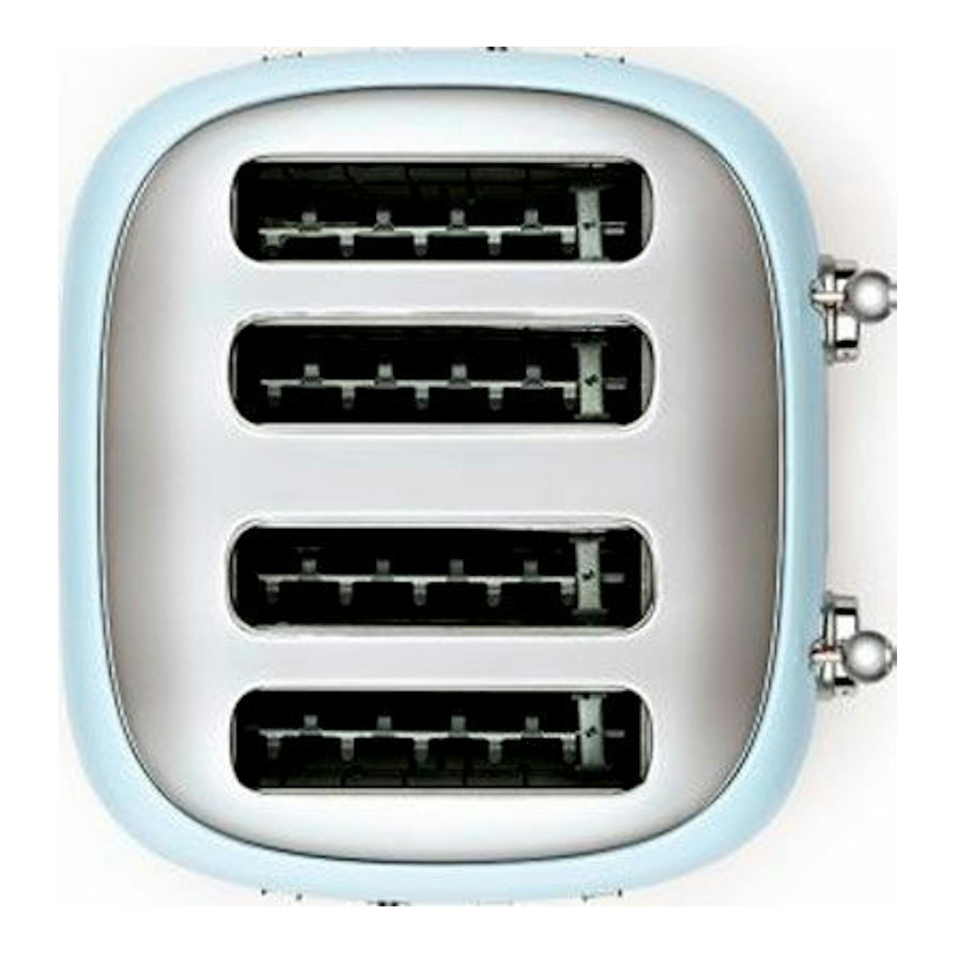 Tostador Smeg TSF03PBEU azul pastel, vista superior, con cuatro ranuras y dos mandos laterales.