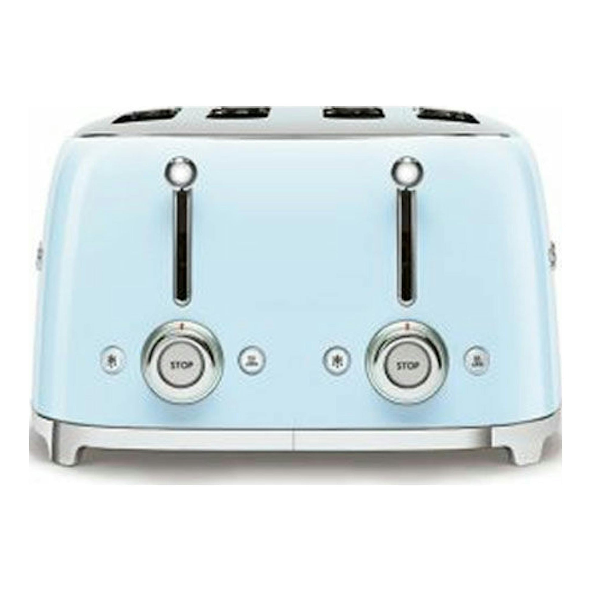 Tostador Smeg TSF03PBEU azul pastel, vista frontal, con cuatro ranuras y dos mandos.
