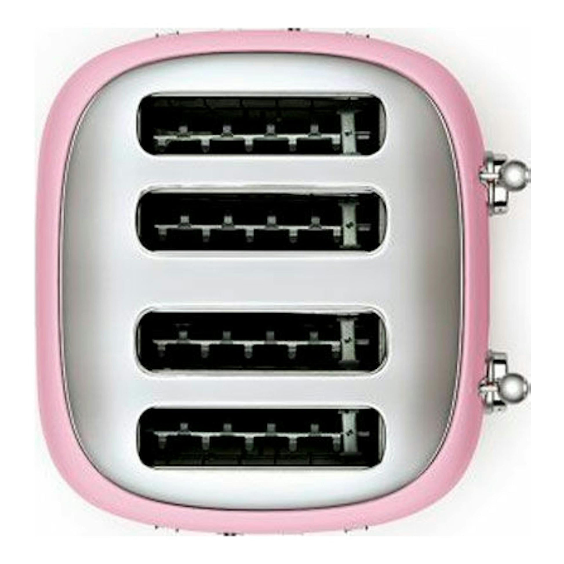 Tostador Smeg TSF03PKEU rosa, vista frontal, con cuatro ranuras y controles laterales.