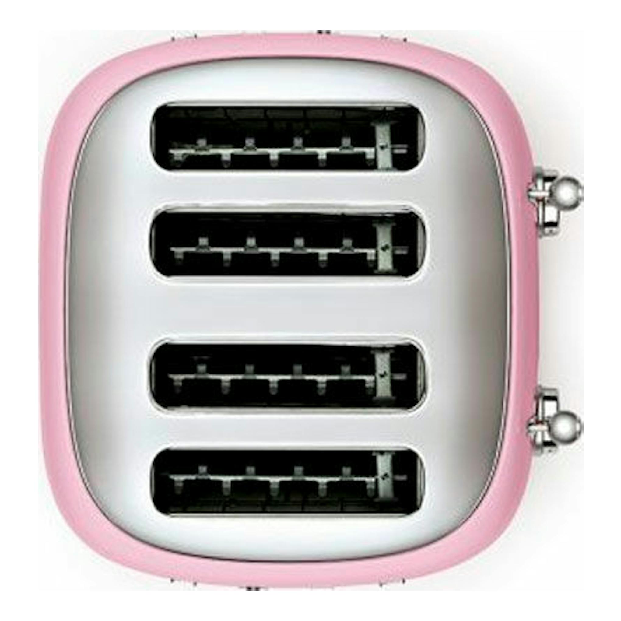 Tostador Smeg TSF03PKEU rosa, vista frontal, con cuatro ranuras y controles laterales.