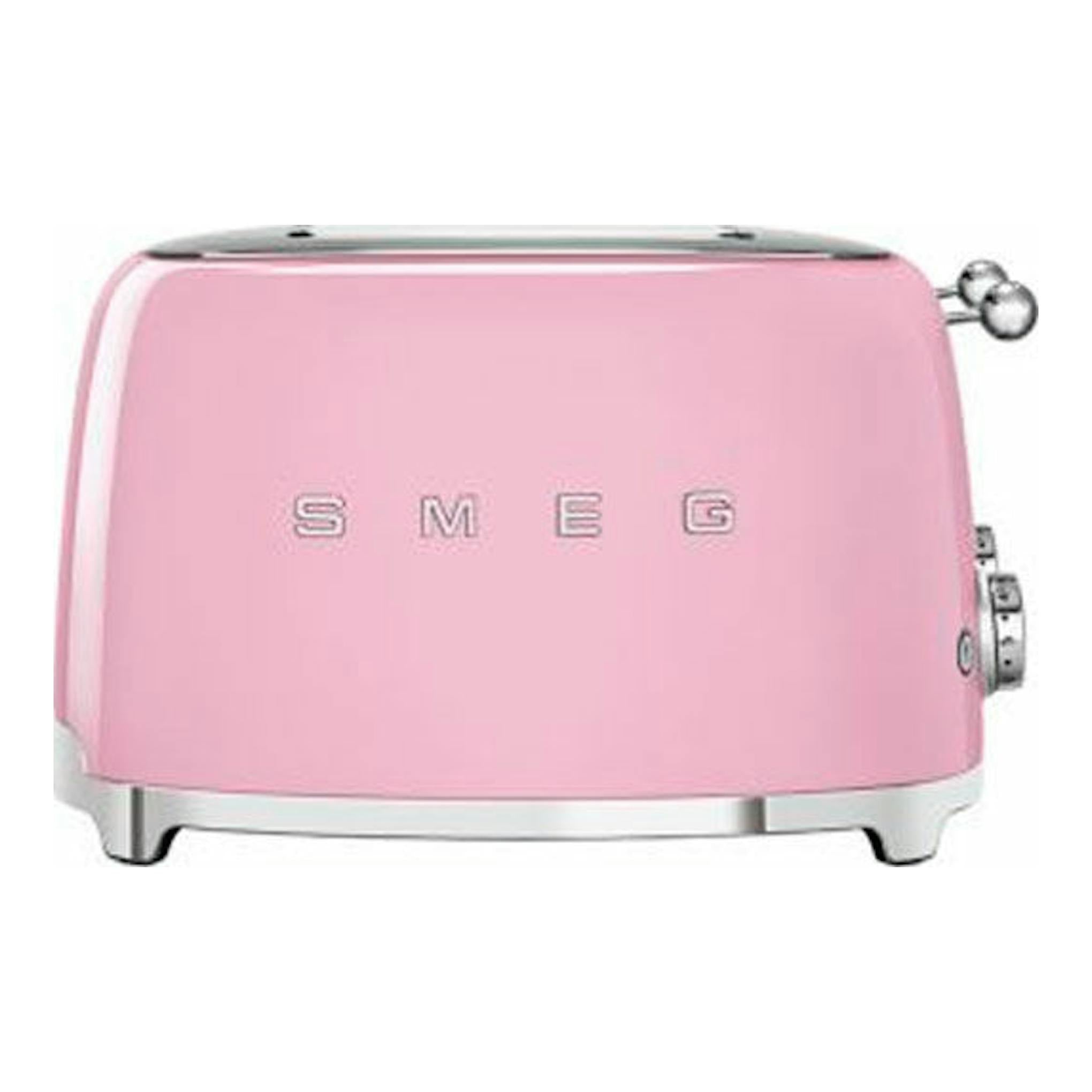 Tostador Smeg TSF03PKEU rosa, vista frontal, con detalles plateados y mando lateral.
