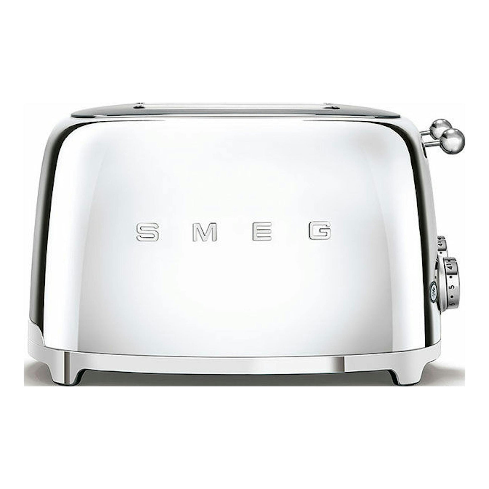 Tostador Smeg TSF03SSEU cromado, vista frontal, con acabado metálico y controles laterales.