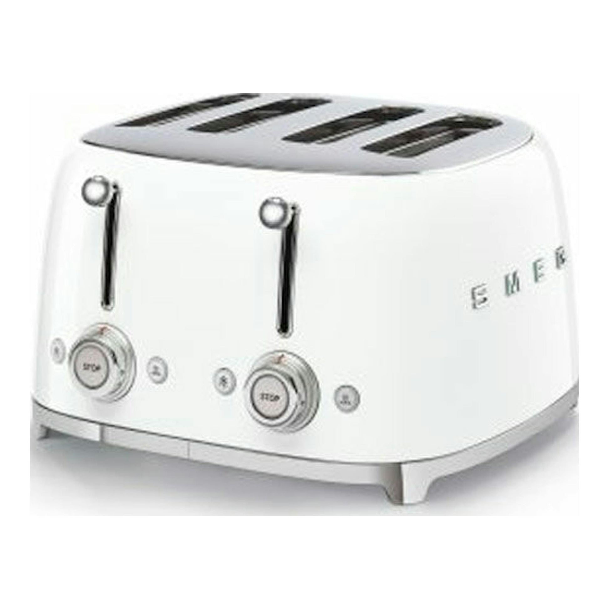 Tostador Smeg TSF03WHEU blanco, vista frontal tres cuartos, con cuatro ranuras y dos mandos.