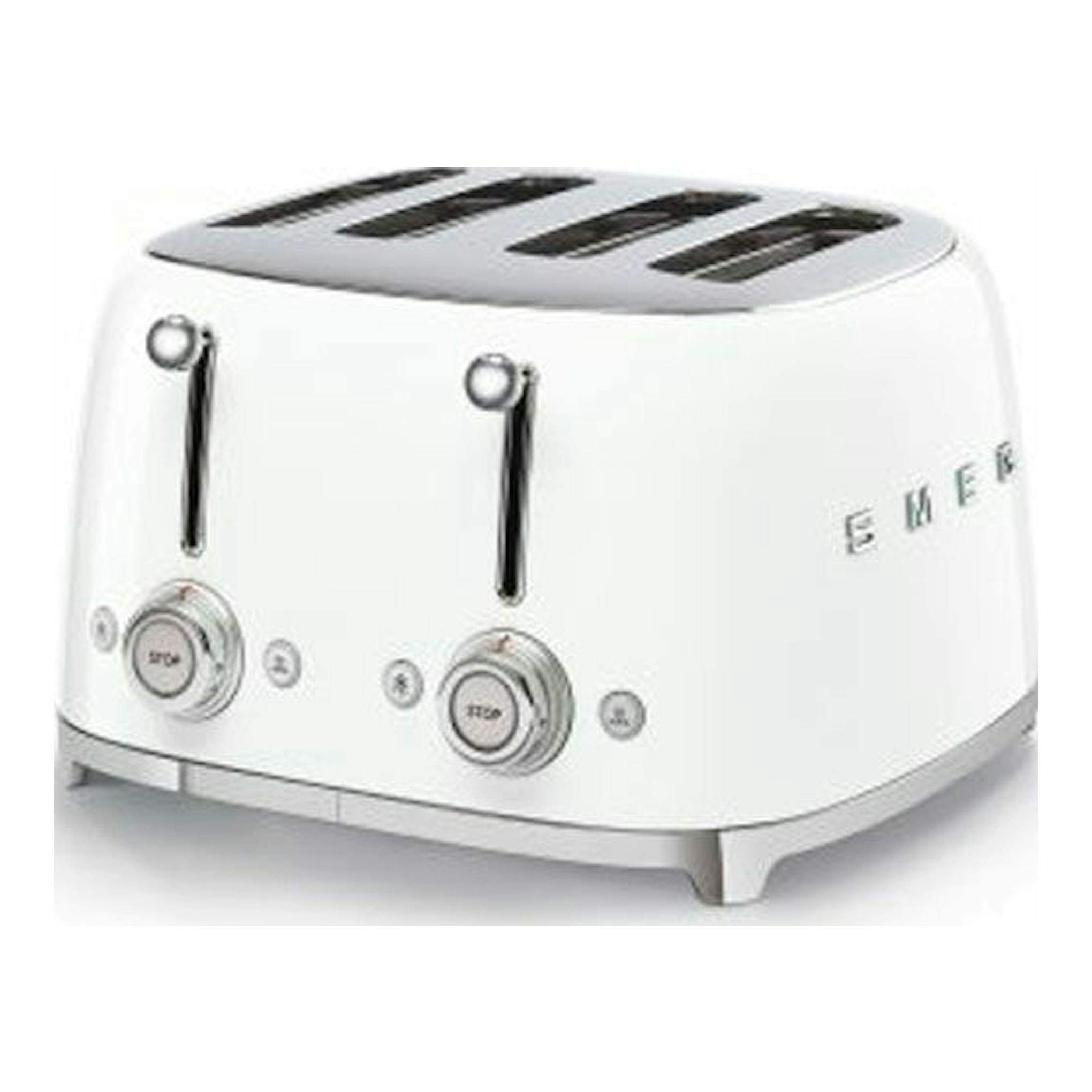 Tostador Smeg TSF03WHEU blanco, vista frontal tres cuartos, con cuatro ranuras y dos mandos.