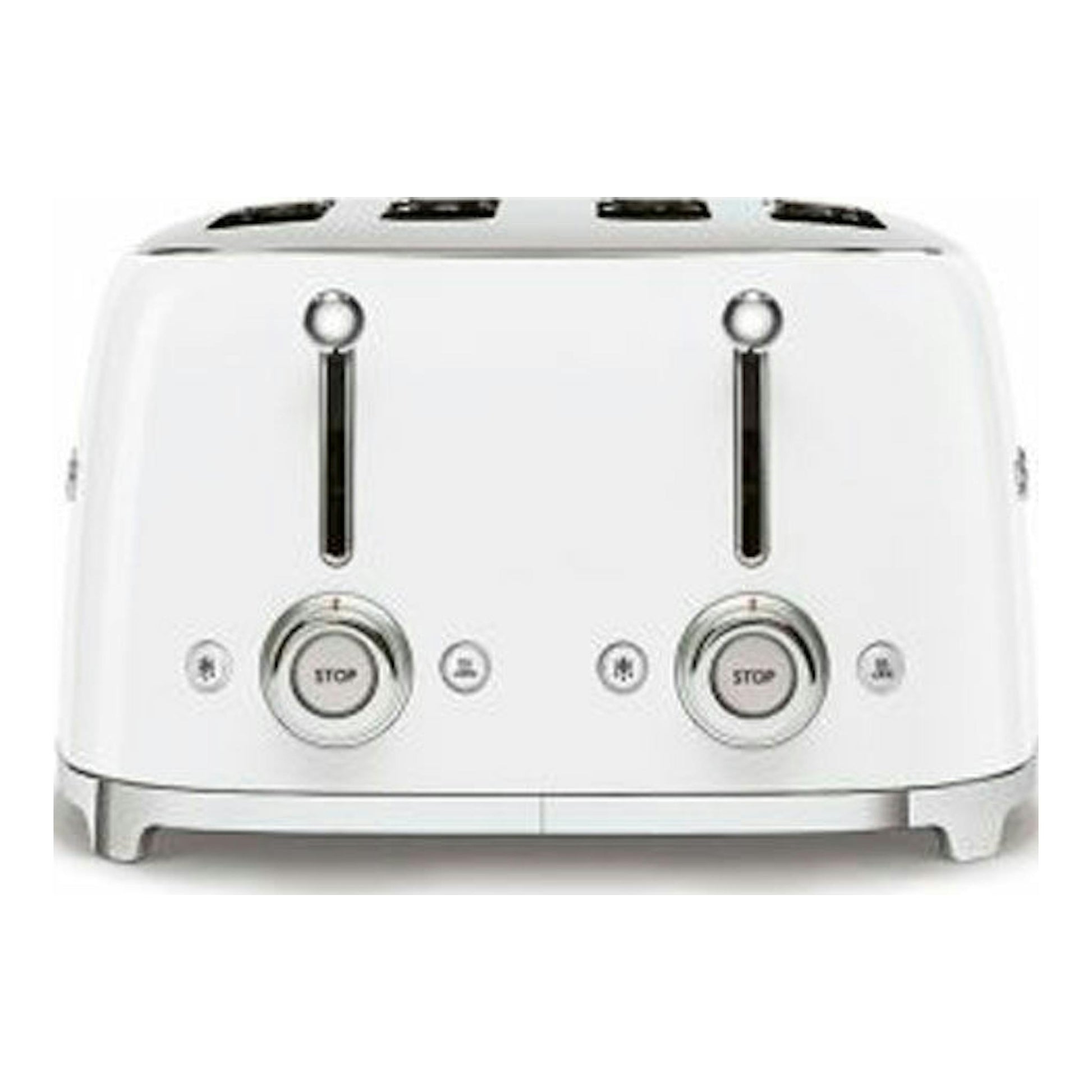 Tostador Smeg TSF03WHEU blanco, vista frontal, de cuatro ranuras y acabado blanco.