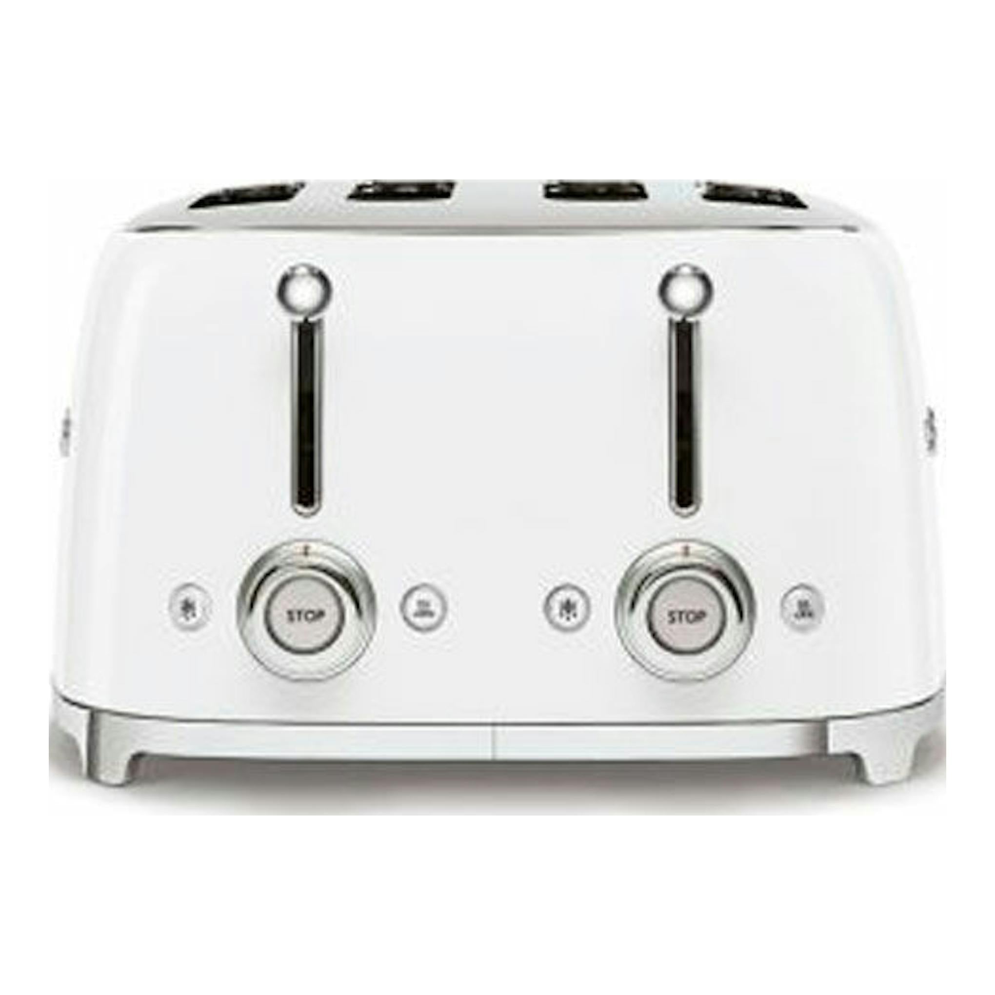 Tostador Smeg TSF03WHEU blanco, vista frontal, de cuatro ranuras y acabado blanco.