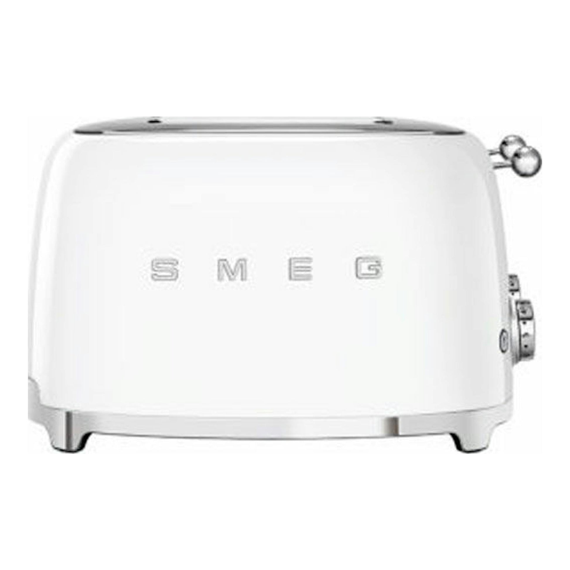 Tostador Smeg TSF03WHEU blanco, vista frontal, con mandos laterales.