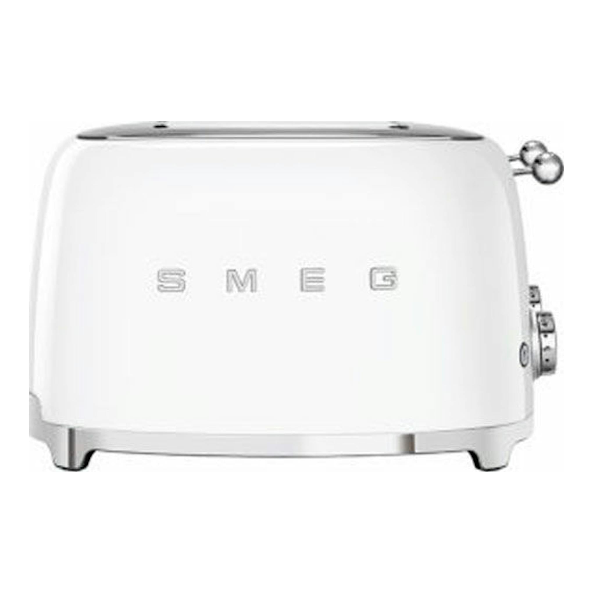 Tostador Smeg TSF03WHEU blanco, vista frontal, con mandos laterales.