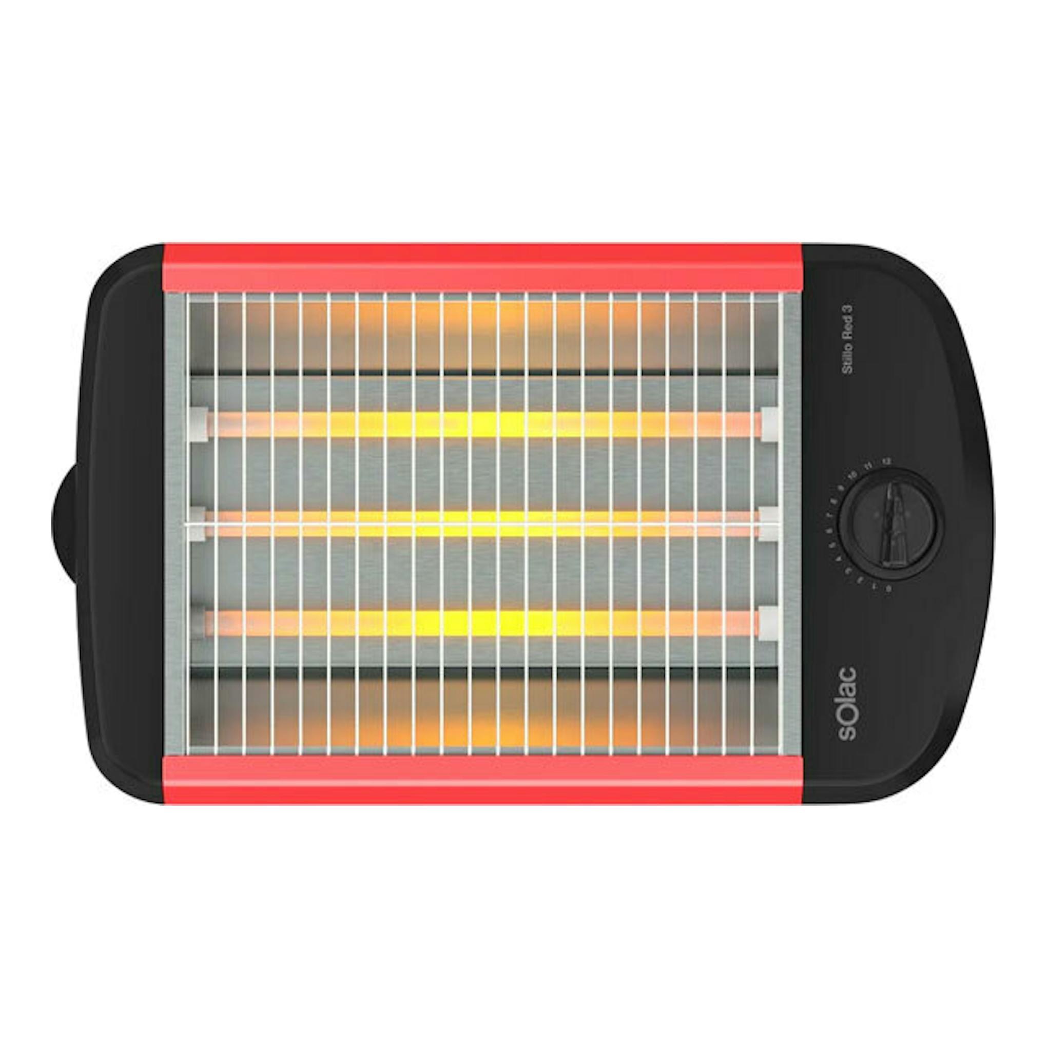 Tostador Solac TC5309 negro y rojo, vista superior, con resistencias visibles y mando lateral.