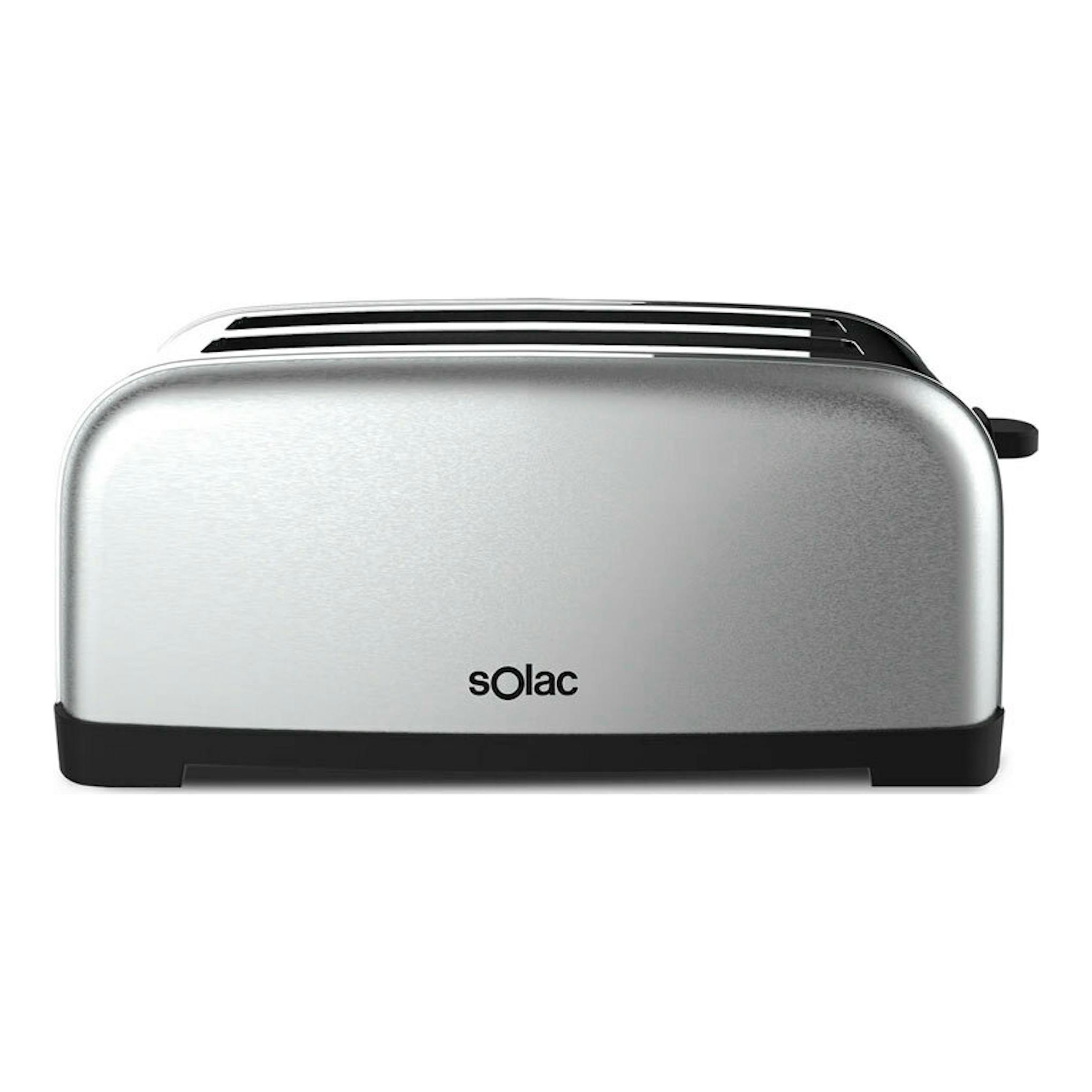 Tostador Solac TL5419 Ye-Yé plateado con base negra, vista frontal.
