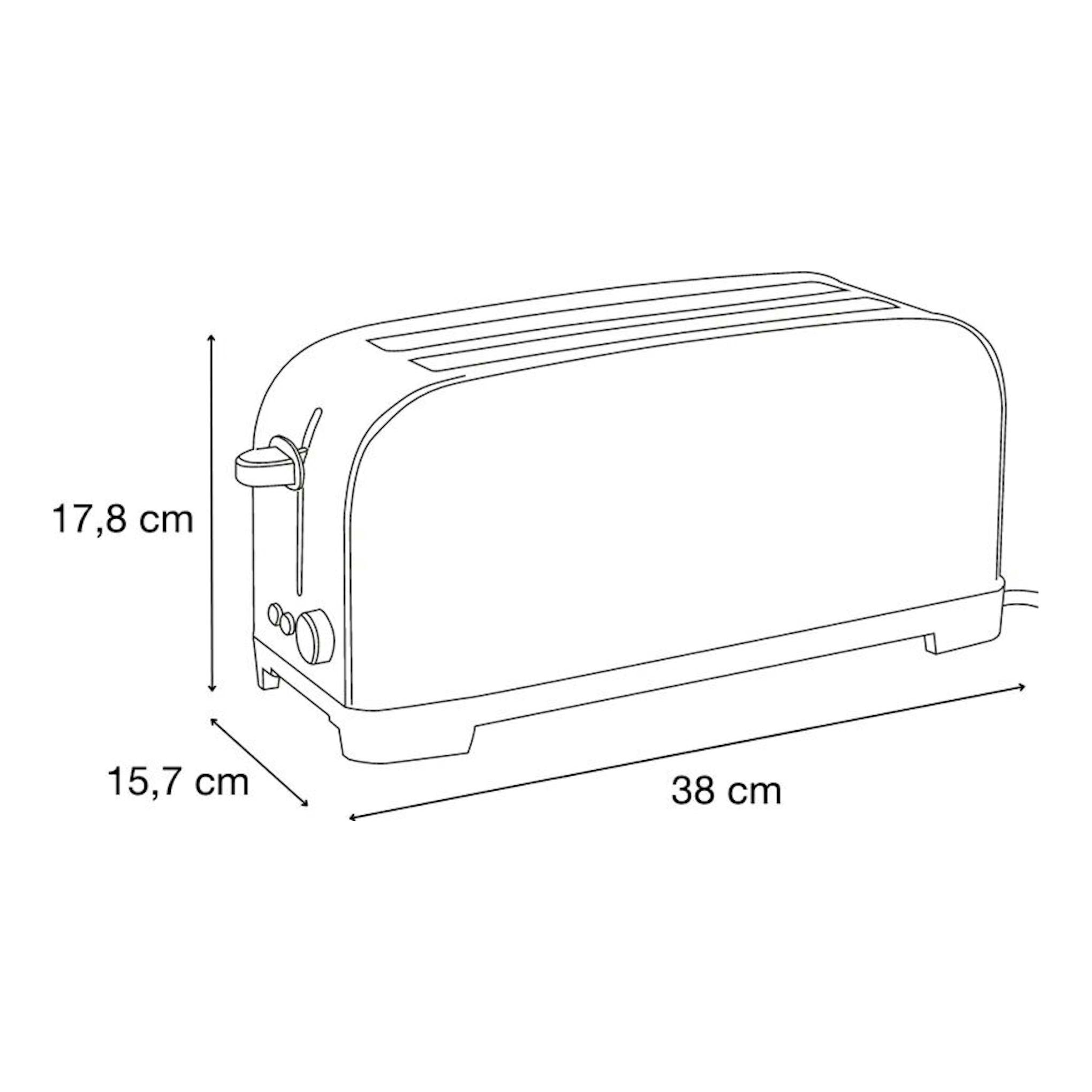 Tostador Solac TL5419 Ye-Yé en vista lateral, dibujo técnico en blanco, con medidas 38 x 15,7 x 17,8 cm.