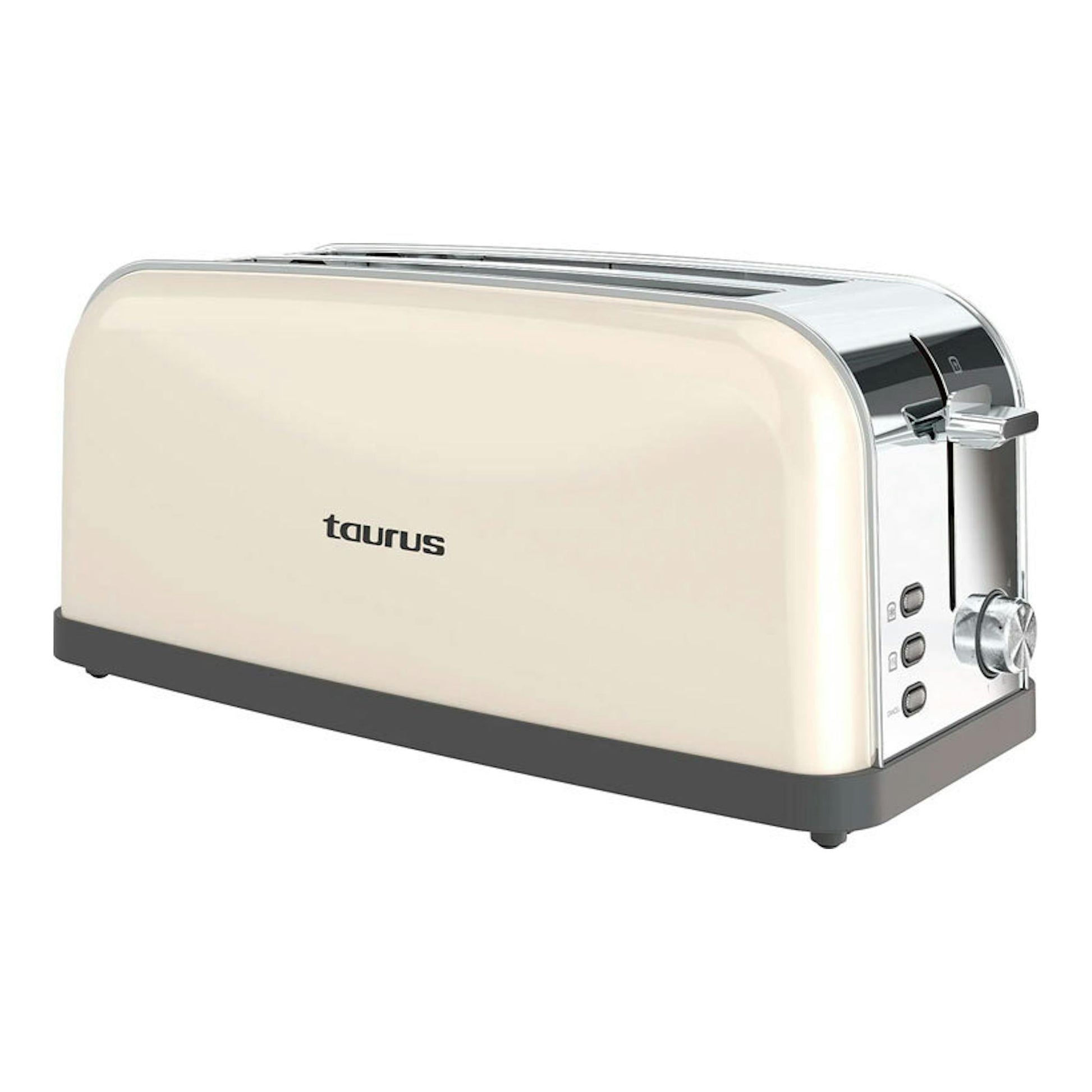 Tostador Taurus Vintage Cream II, vista lateral frontal, color crema con detalles cromados.