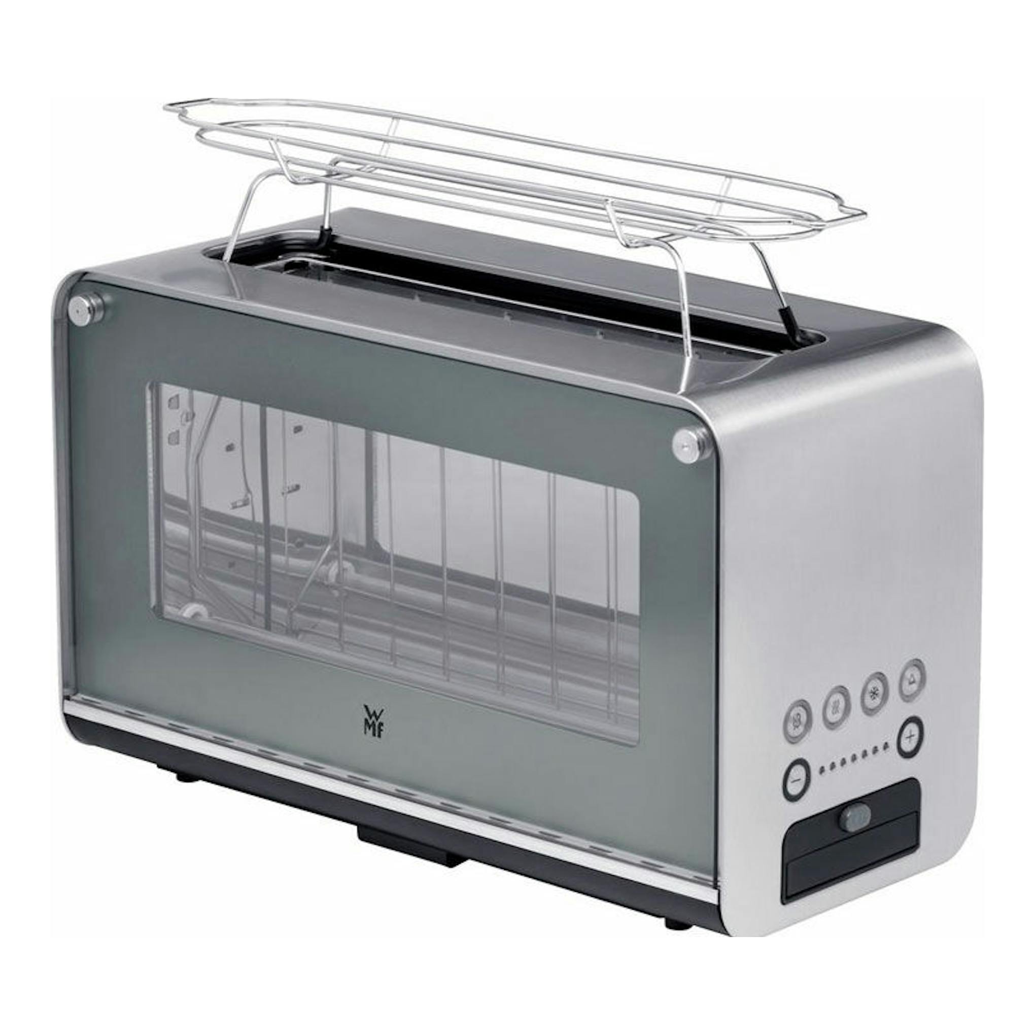 Tostadora WMF de 1 ranura, vista frontal en tres cuartos, acero inoxidable con panel frontal de vidrio.