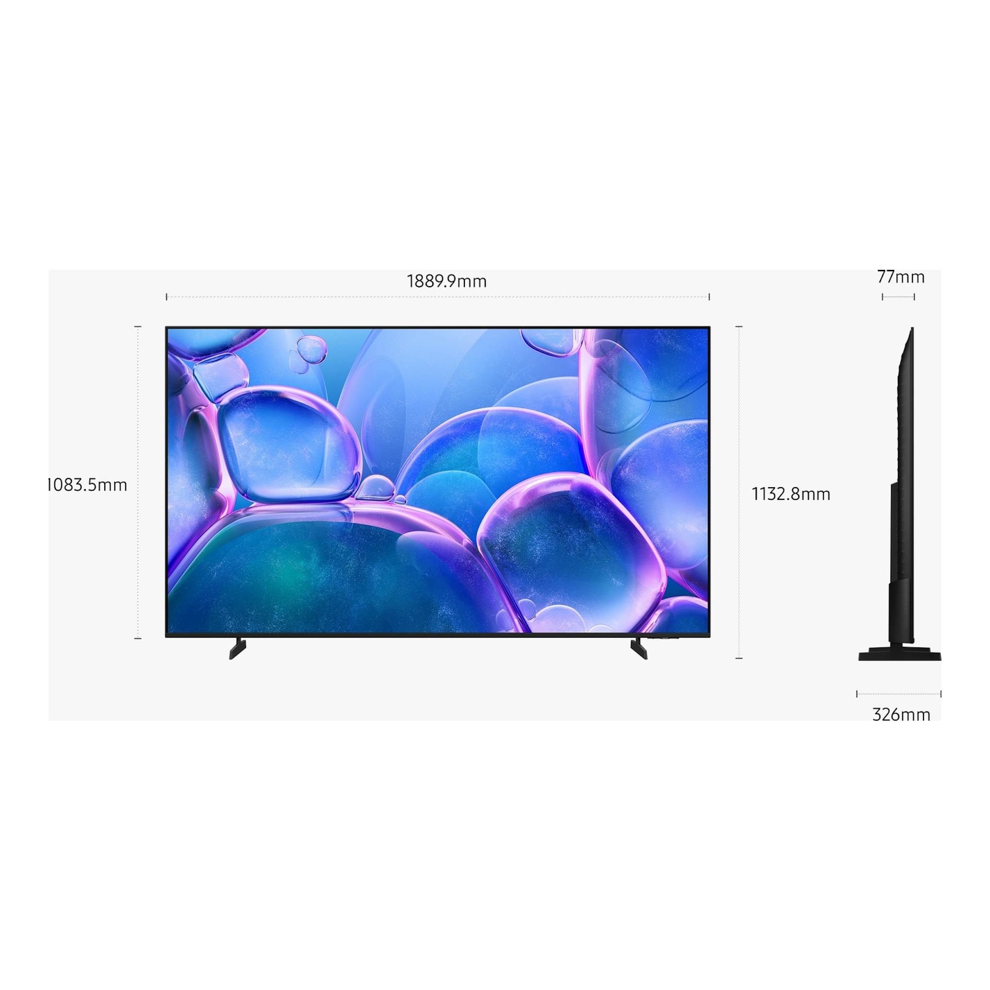 Samsung TU85U7025FKXXC TV 4K LED negra, vista frontal y lateral, con medidas.