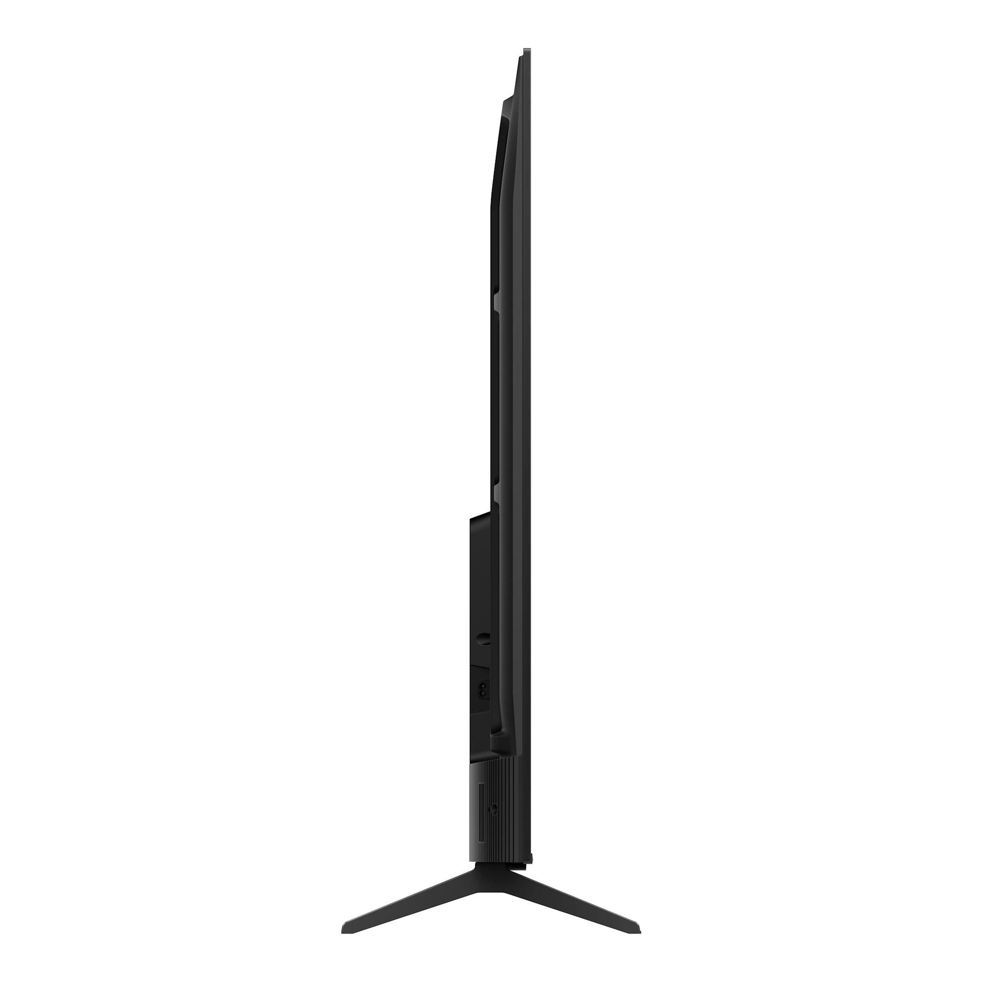 TV TCL 75P6K negra, vista lateral, con base en V.