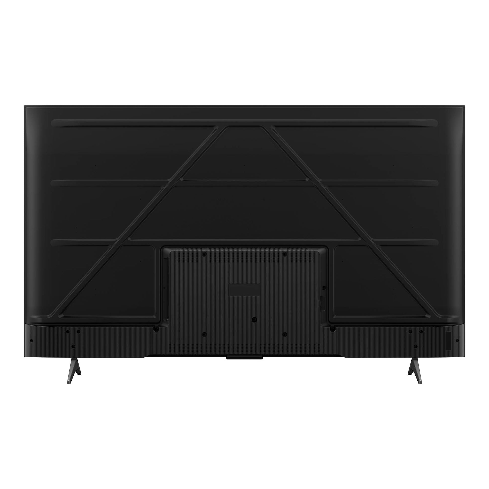 Televisor TCL 75P6K negro, vista trasera, con dos patas laterales y panel posterior texturizado.
