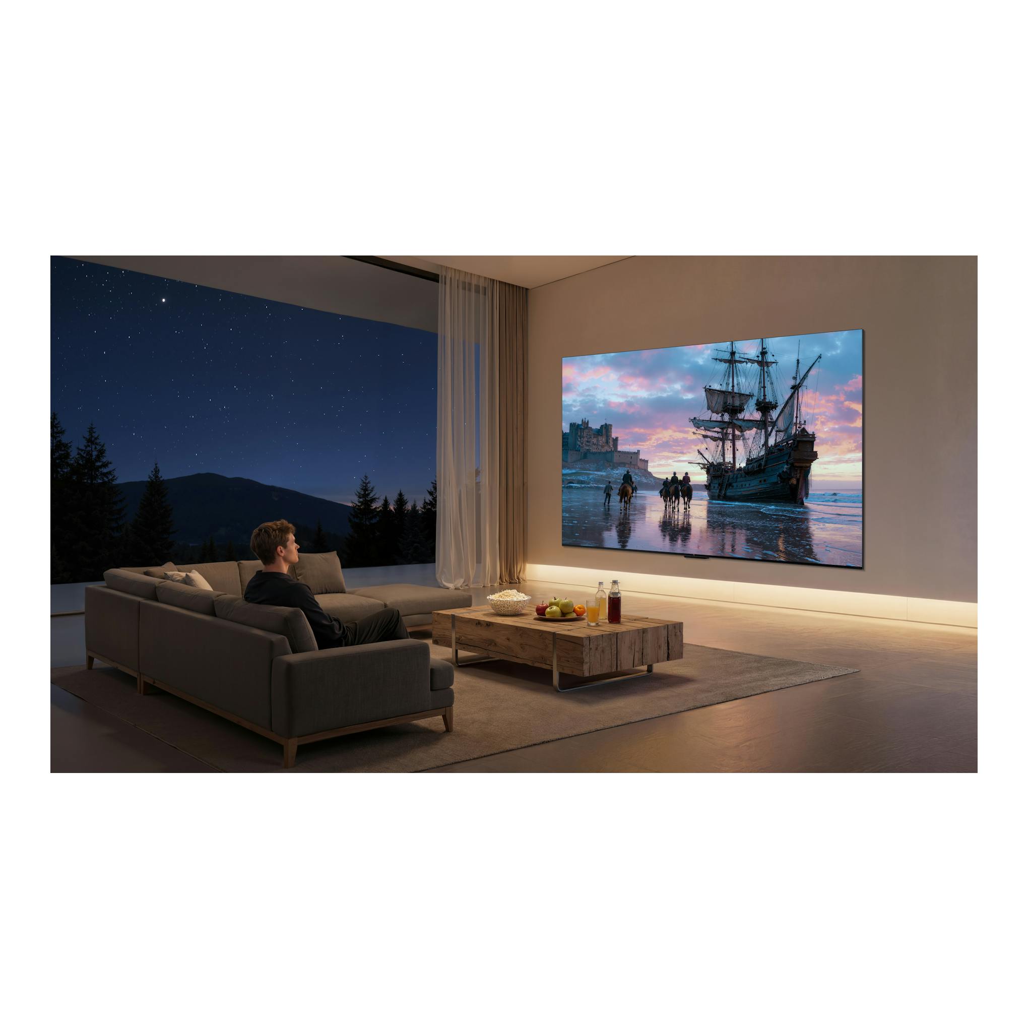 TCL 98C7L: televisor 4K negro, vista frontal, montado en pared, en sala moderna con escena de barco al atardecer.