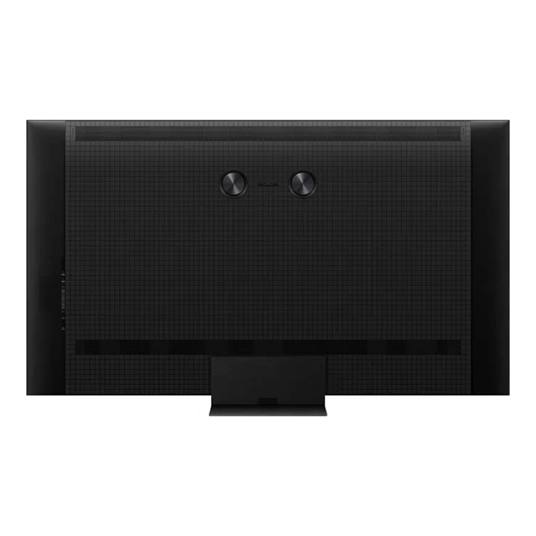 Televisor TCL 75C7L negro, vista trasera, con soporte central y panel texturizado.