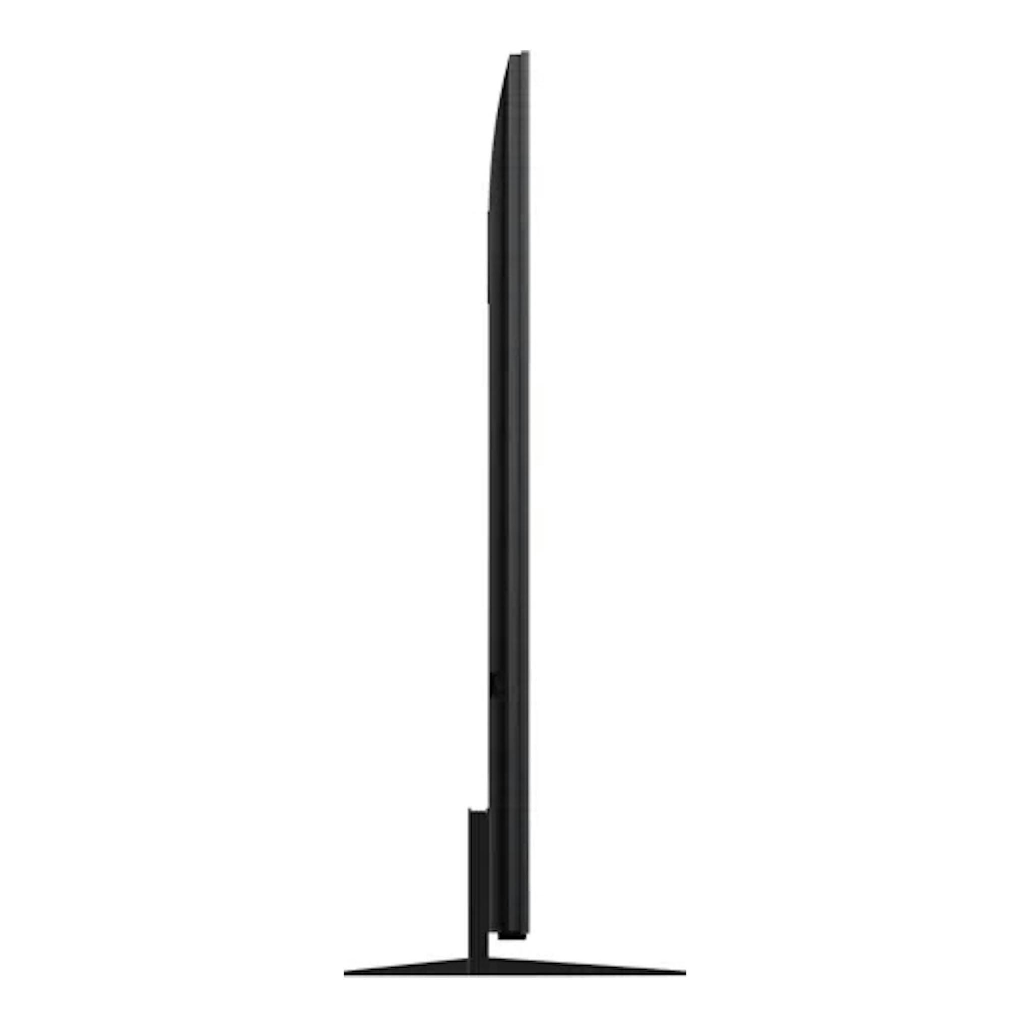 Televisor TCL 75C7L negro, vista lateral, sobre base delgada.
