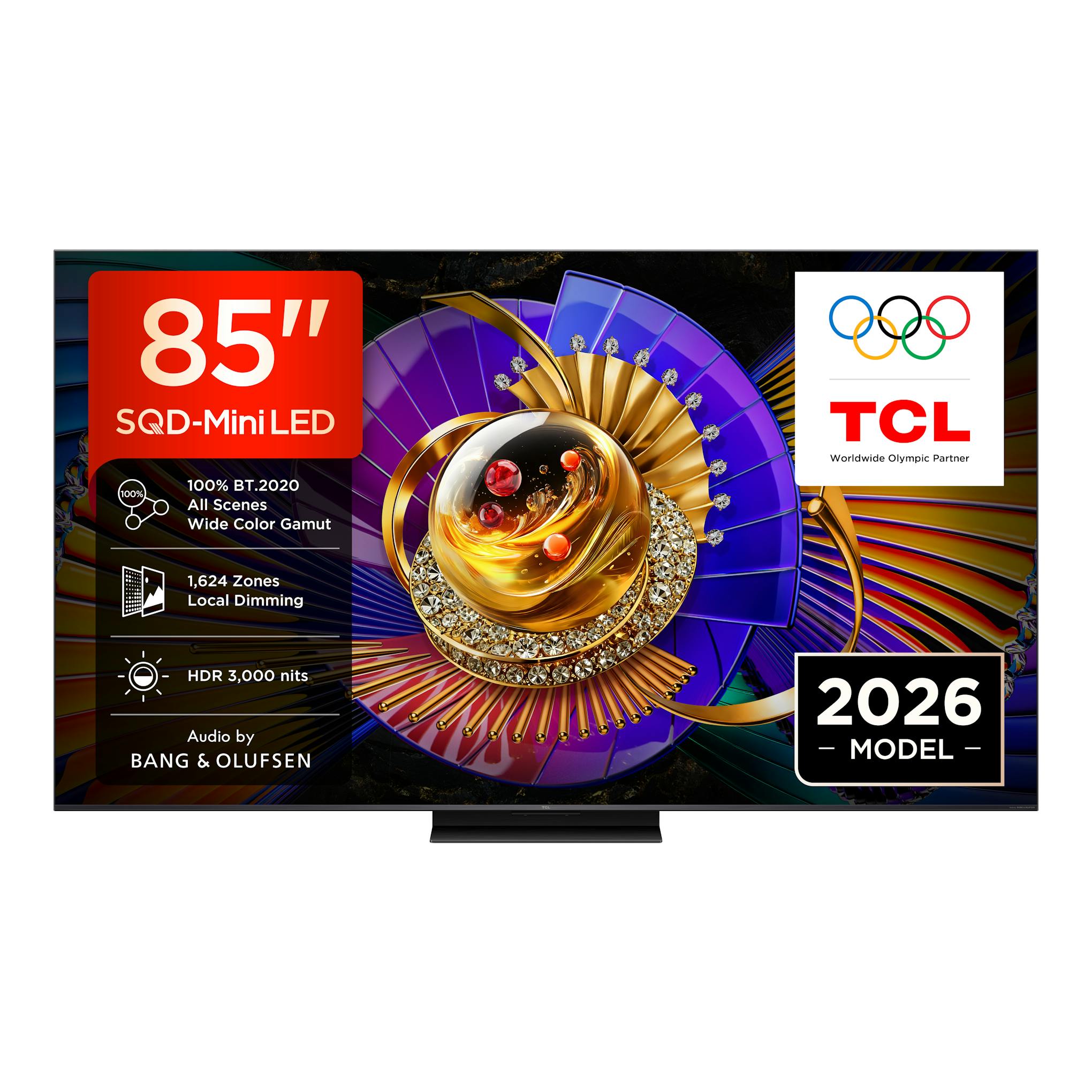 TV TCL 85C7L de 85 pulgadas, vista frontal, con pantalla promocional colorida y peana central negra.