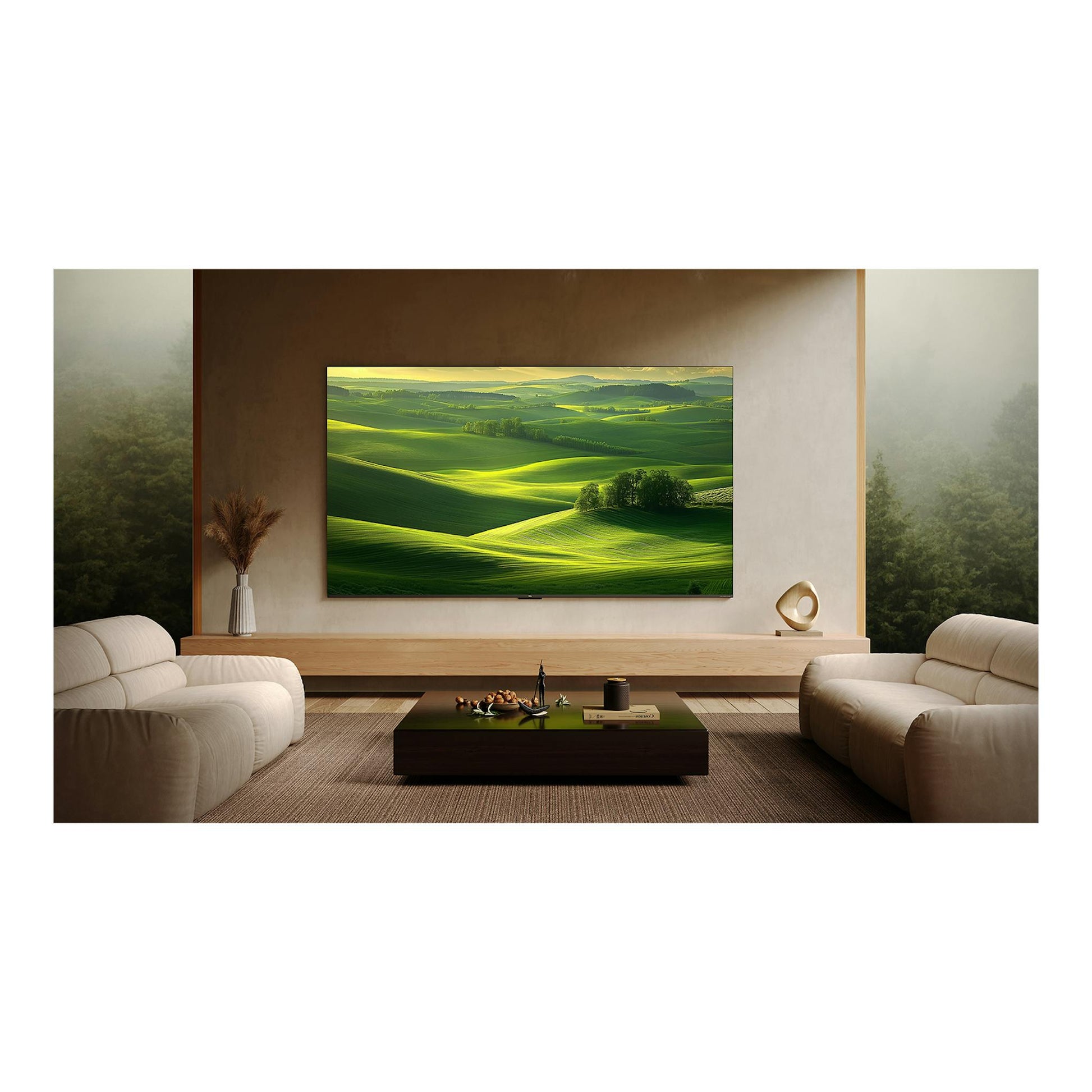 Televisor TCL 55C7K negro, vista frontal en salón, con imagen de paisaje verde en pantalla.