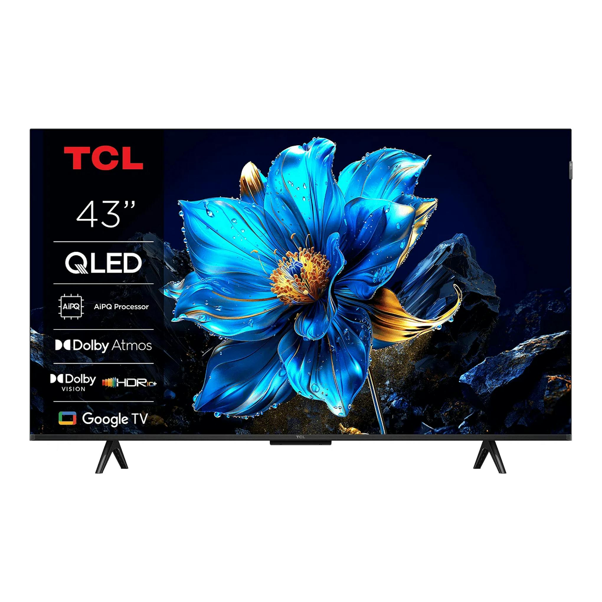 Televisor TCL 43T69C QLED de 43 pulgadas, vista frontal, con pantalla encendida y fondo blanco.
