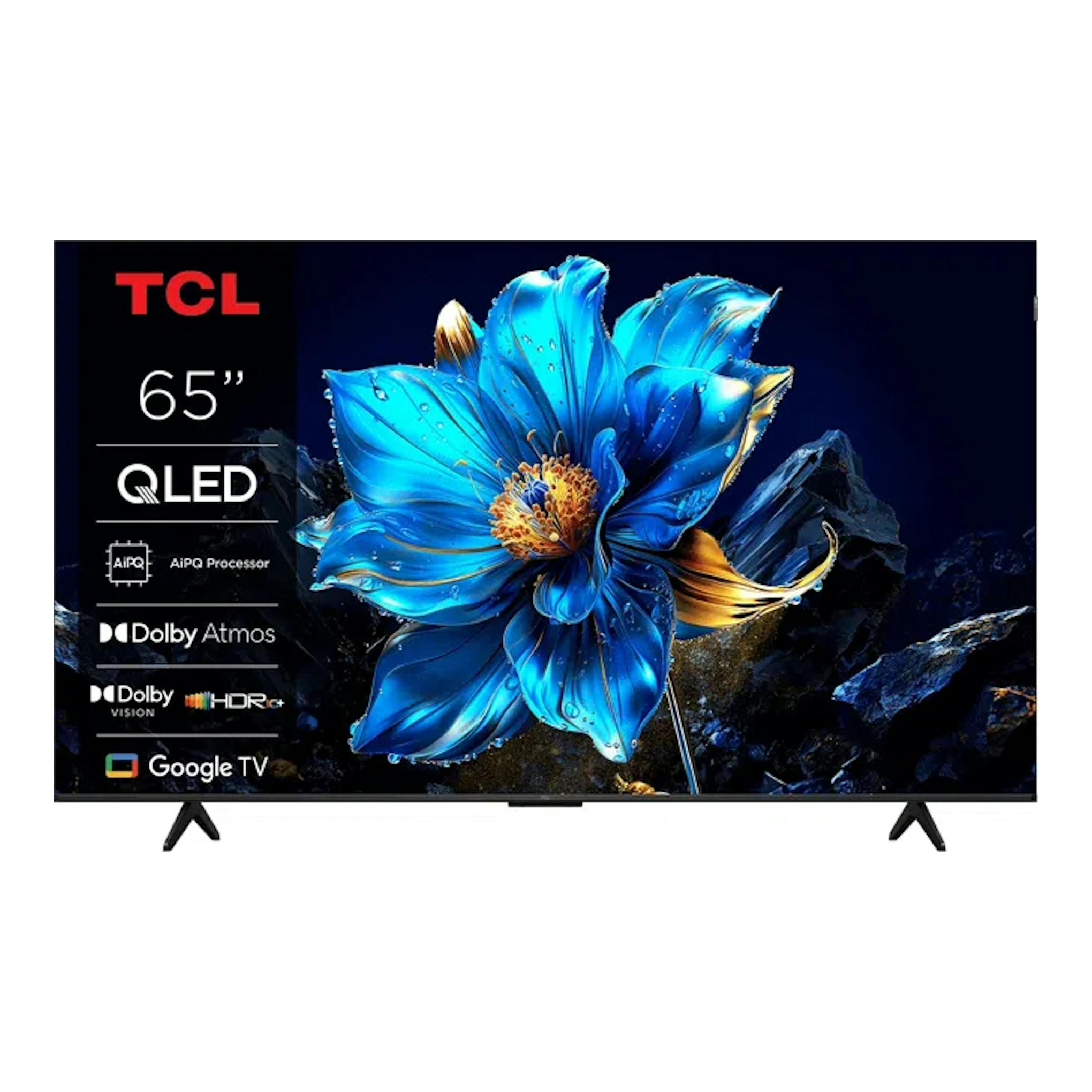 TV TCL 65T69C QLED de 65 pulgadas, vista frontal, con flor azul en pantalla y patas negras.