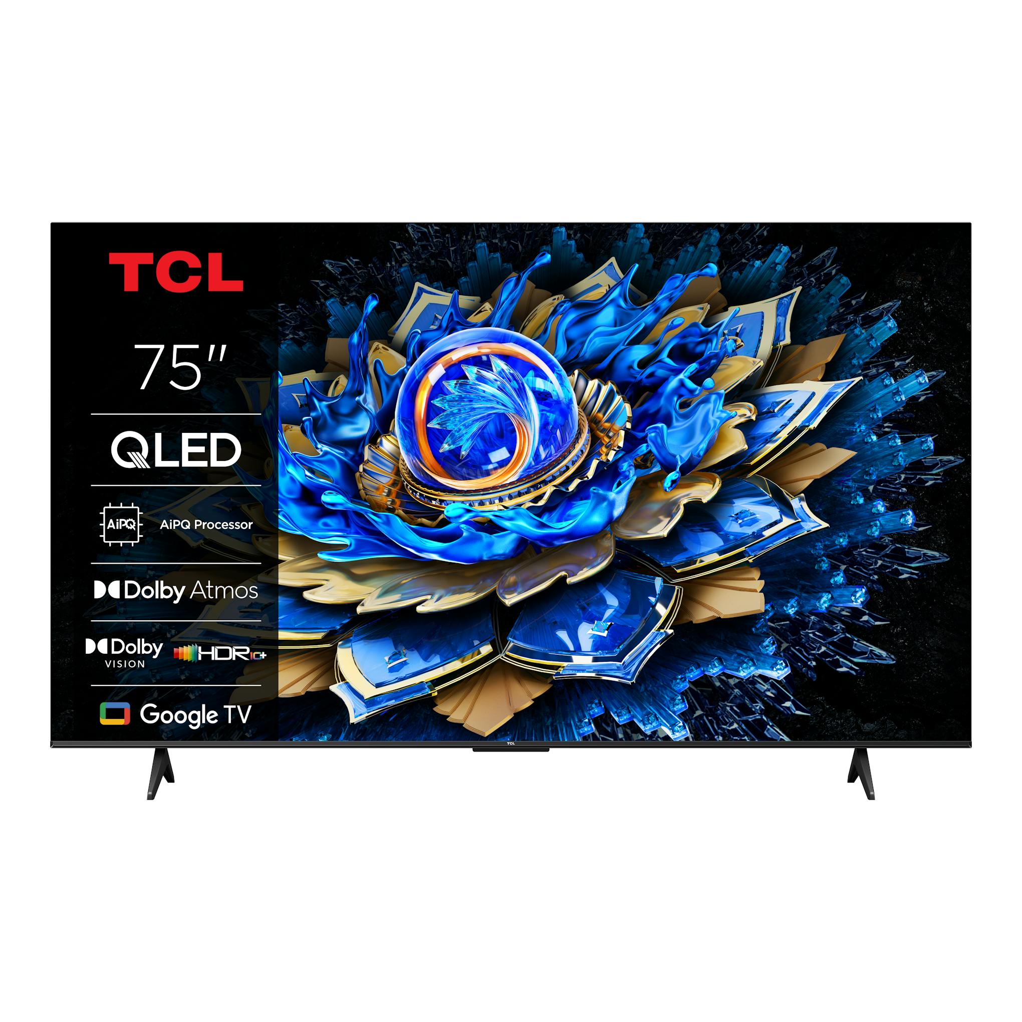 TV TCL 75T69C QLED de 75 pulgadas, vista frontal, con soporte negro y pantalla con gráficos azules.