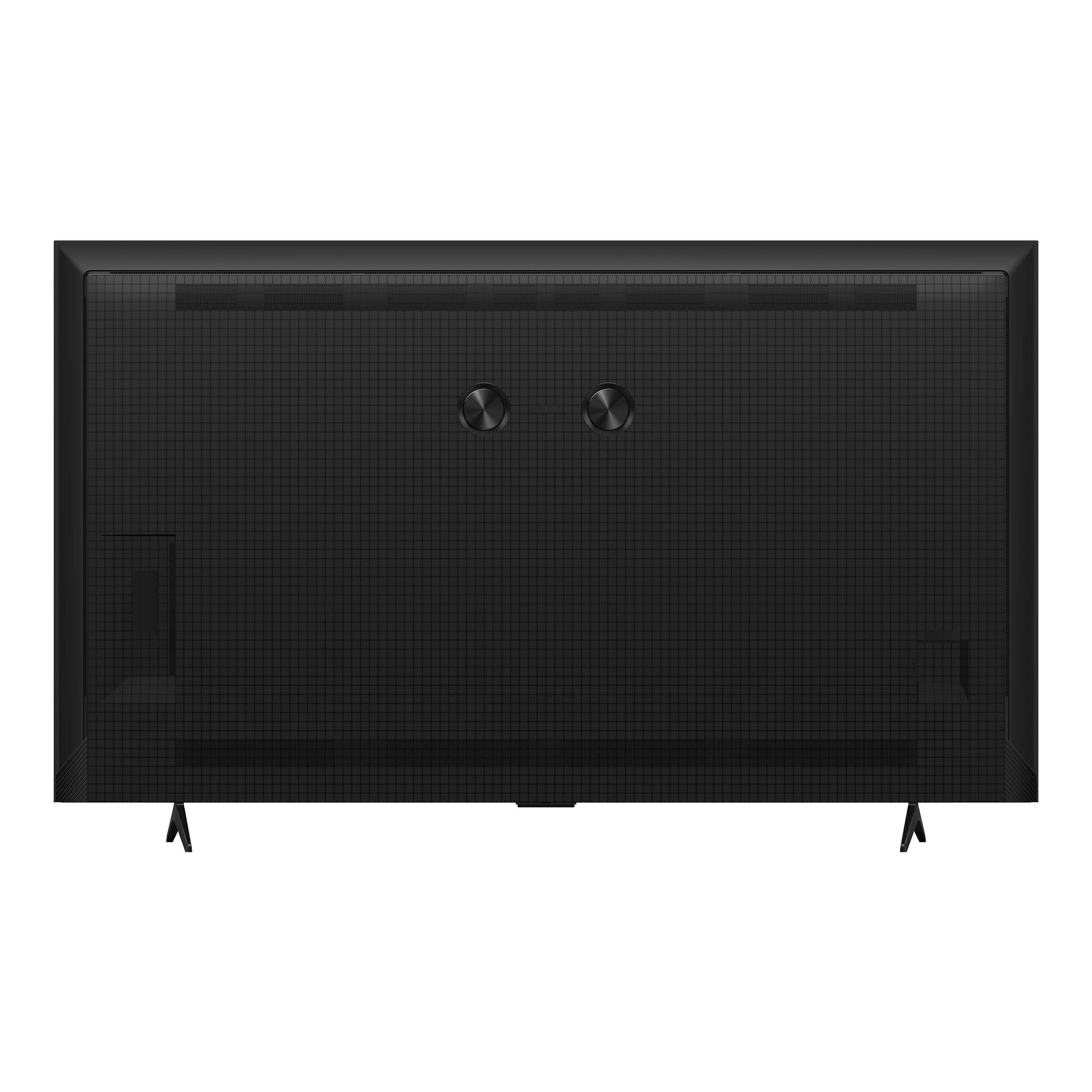 TV TCL 85T69C negra, vista trasera, con dos patas y panel posterior texturizado.