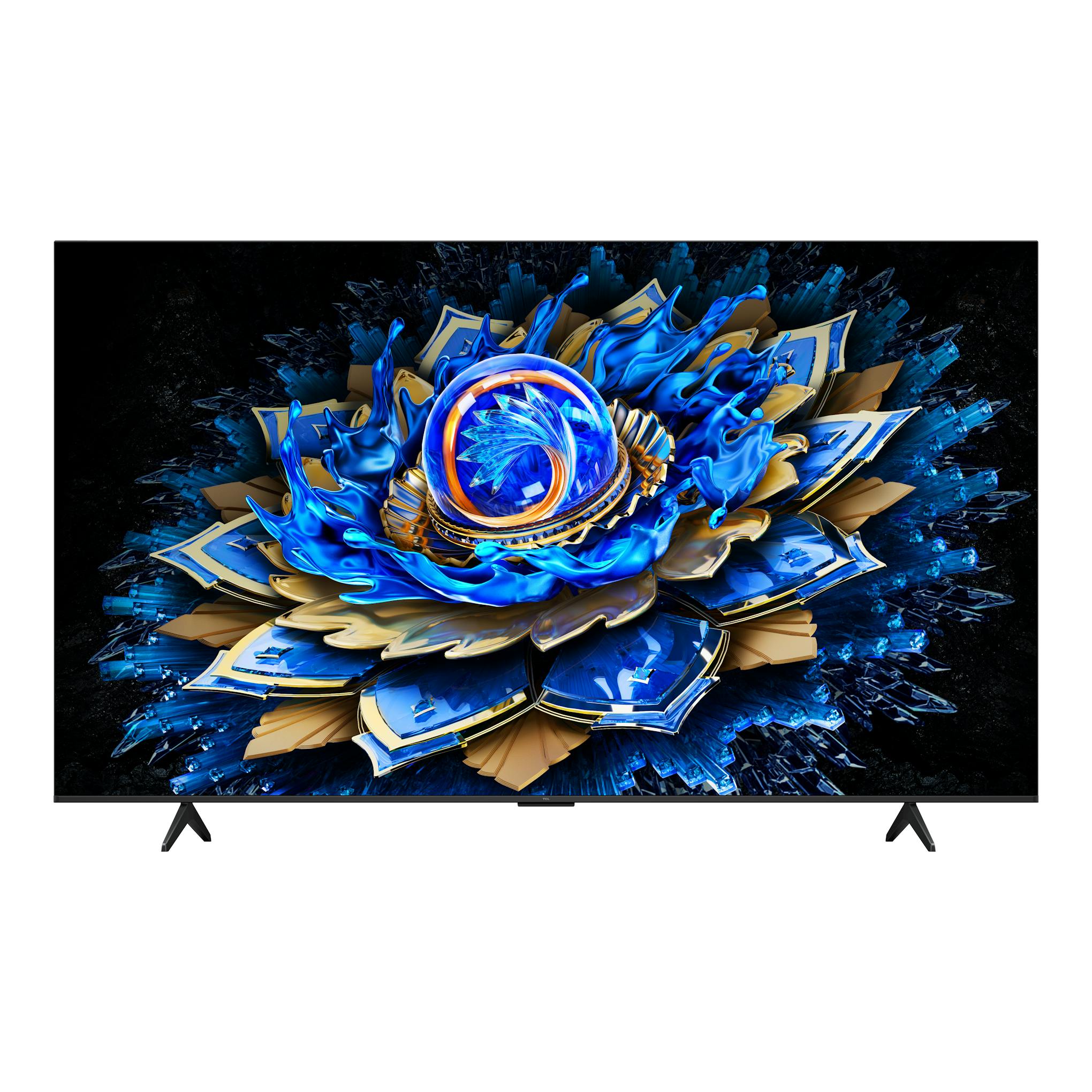 TV TCL 85T69C, vista frontal, pantalla con gráfico abstracto azul y dorado sobre fondo negro.