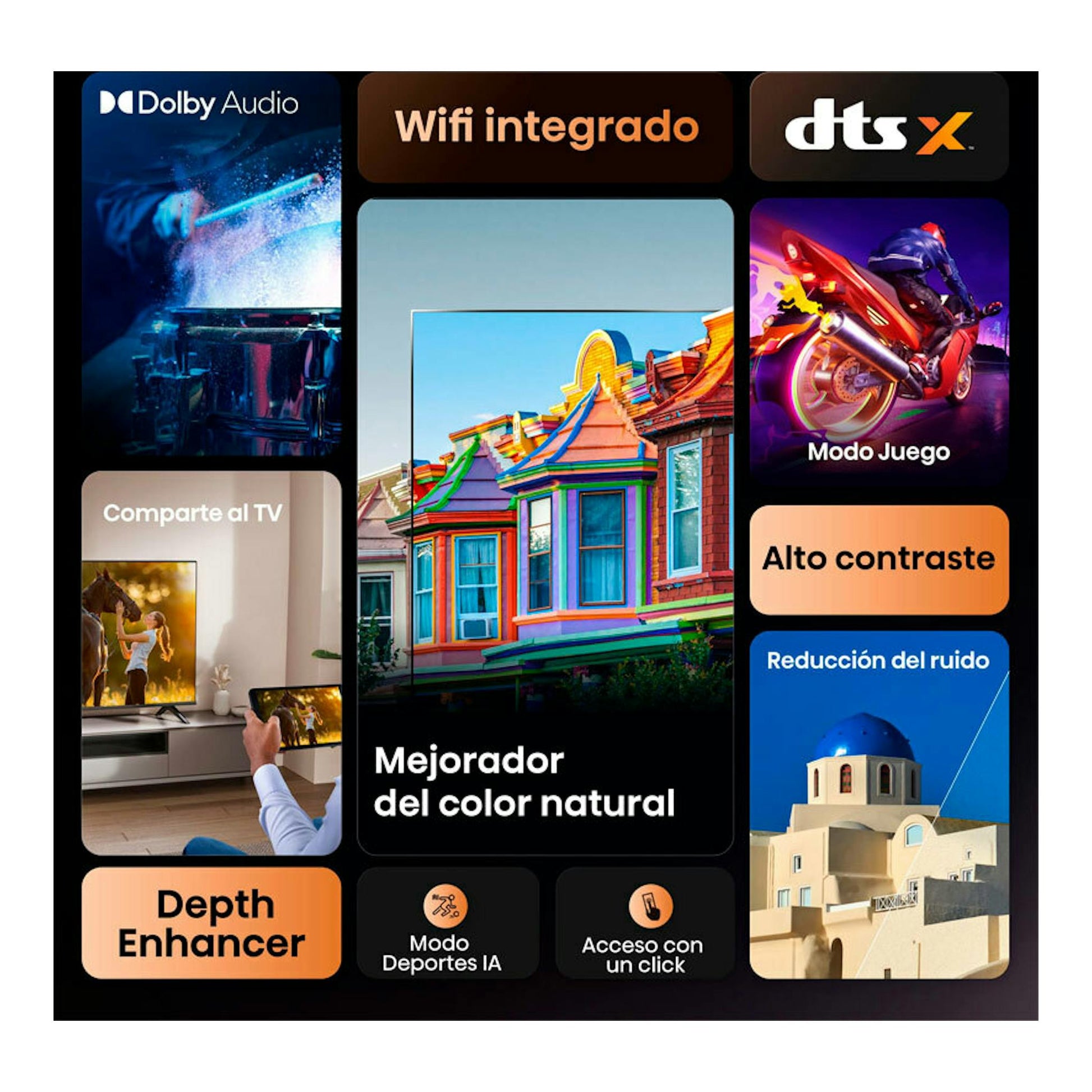 Hisense 32A4Q TV LED 4K de 32 pulgadas, collage de funciones con Dolby Audio, Wi‑Fi, DTS:X y modo juego.
