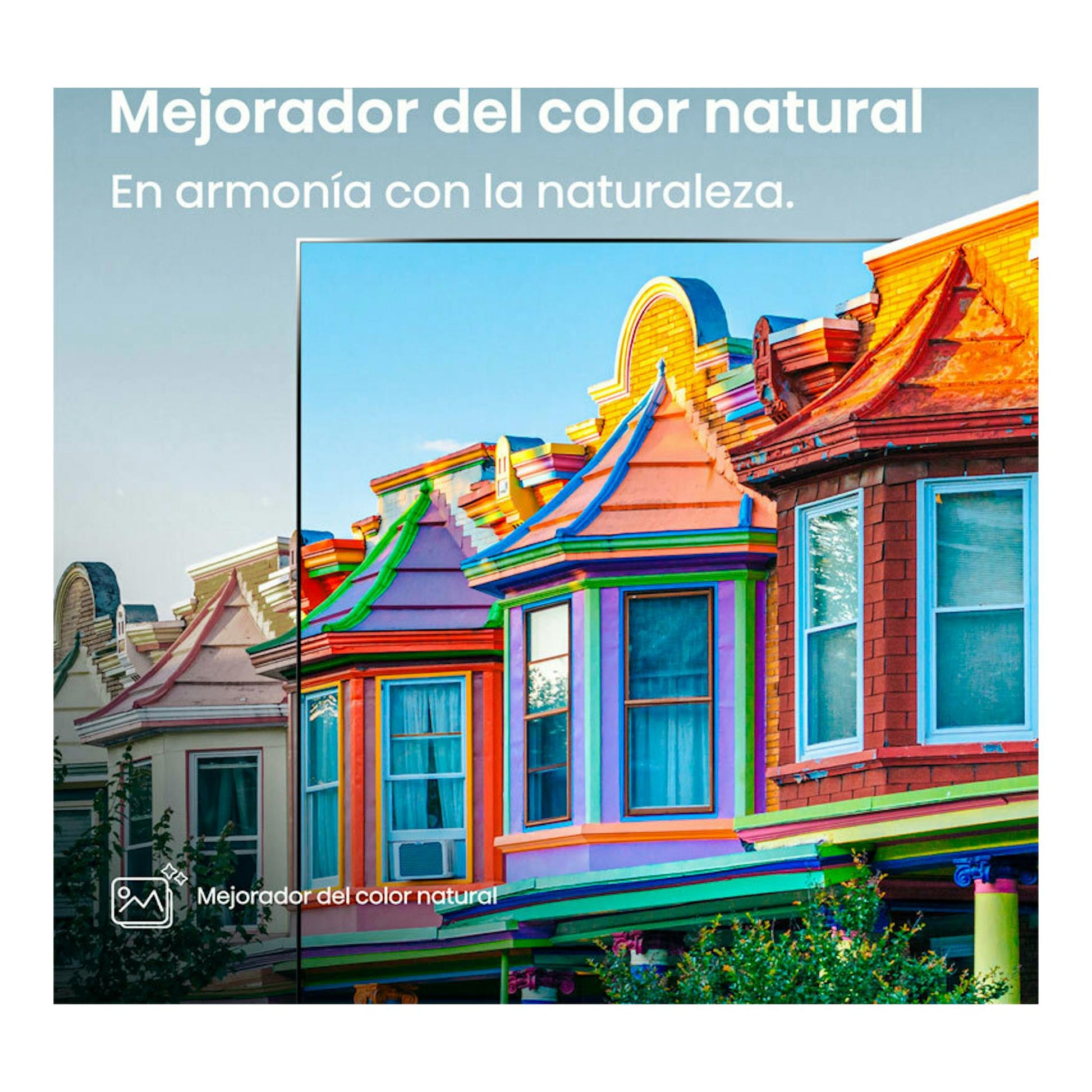 Hisense 32A4Q, televisor de frente con casas de colores y texto "Mejorador del color natural".