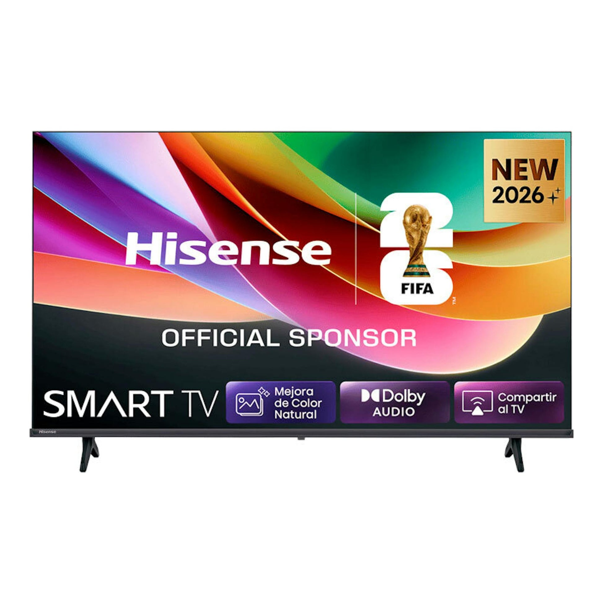 Televisor Hisense 32A4S LED Full HD de 32", vista frontal, en negro, con soporte y pantalla promocional multicolor.