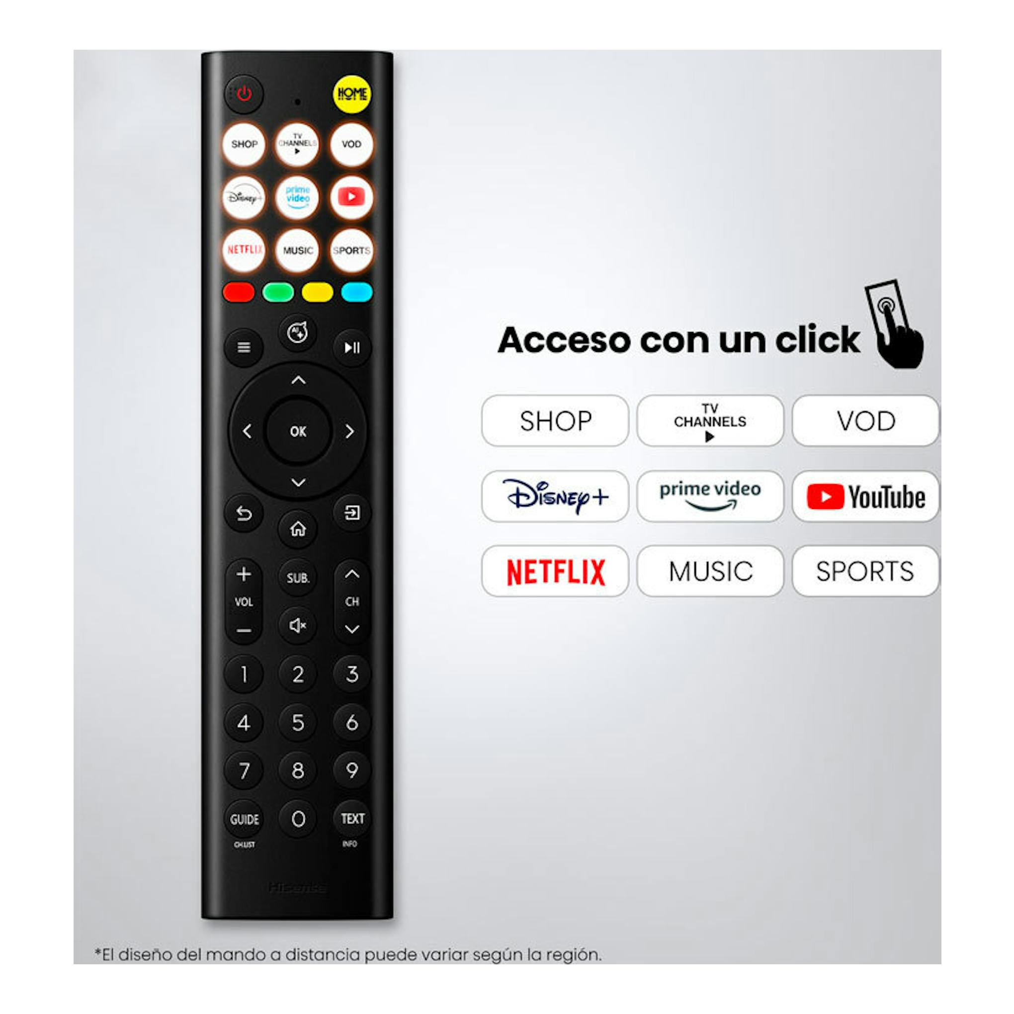 Mando a distancia Hisense negro, vista frontal, con botones de apps y acceso a Netflix, YouTube, Disney+ y Prime Video.